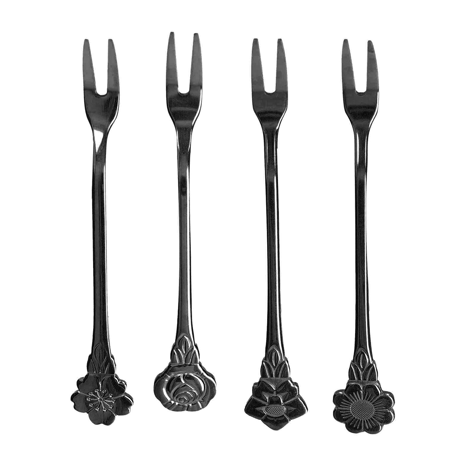 4-Piece Stainless Steel 2-Prong Fruit Forks - Mini Salad & Dessert Tasting Forks for Home, Kitchen, Party - Durable Ruthenium Black (Perfect for Fruit Platters, Cheese Boards & Appetizers)