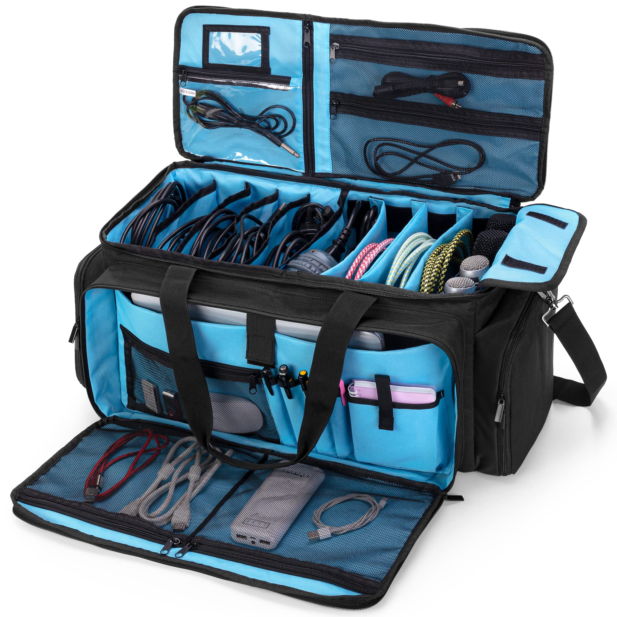 Professional DJ Gig Bag - Heavy Duty Travel DJ Cable Storage Case with Padded Bottom & Adjustable Dividers | DJ Equipment Organizer for Microphones, 14