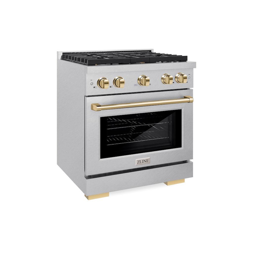 ZLINE Autograph Edition 30-inch 4.2 cu. ft. Paramount Gas Range with 4 Burner Cooktop & Convection Gas Oven - Satin Stainless Steel with Polished Gold Accents (SGRSZ 30 G) | Professional Kitchen Appliance for Home Chefs & Cooking Enthusiasts