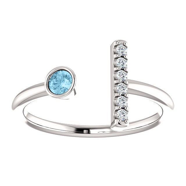 14K Gold 0.10ct Aquamarine & 0.06ct Diamond Bar Ring for Women - Elegant Stackable Jewelry for Engagement, Anniversary & Everyday Wear