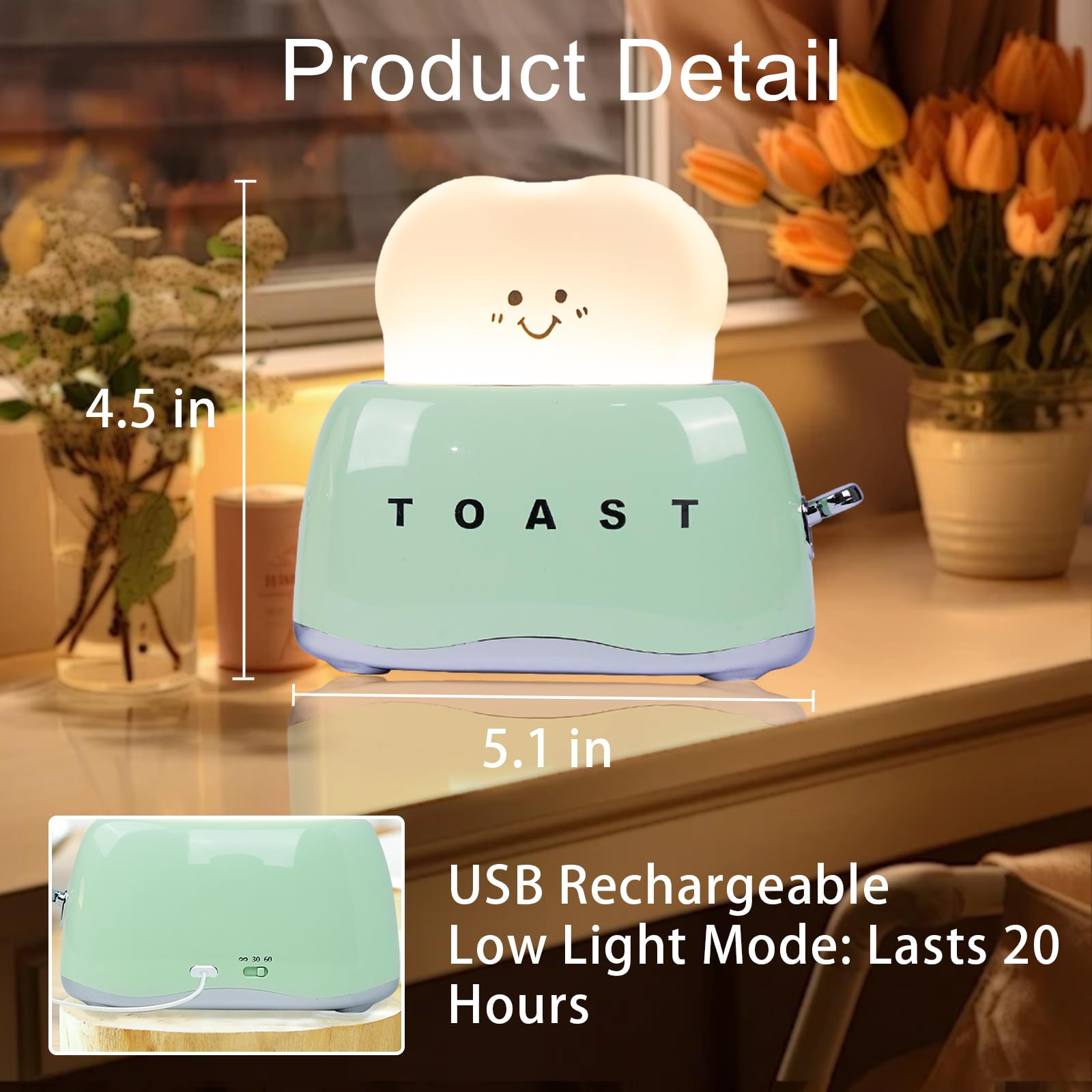 Cute Toast Lamp - Battery Powered Night Light for Kids, Rechargeable Desk Lamp with Adjustable Brightness, Kawaii Decor for Girls Bedroom - Perfect for Bedtime, Nursery, and Playroom Lighting