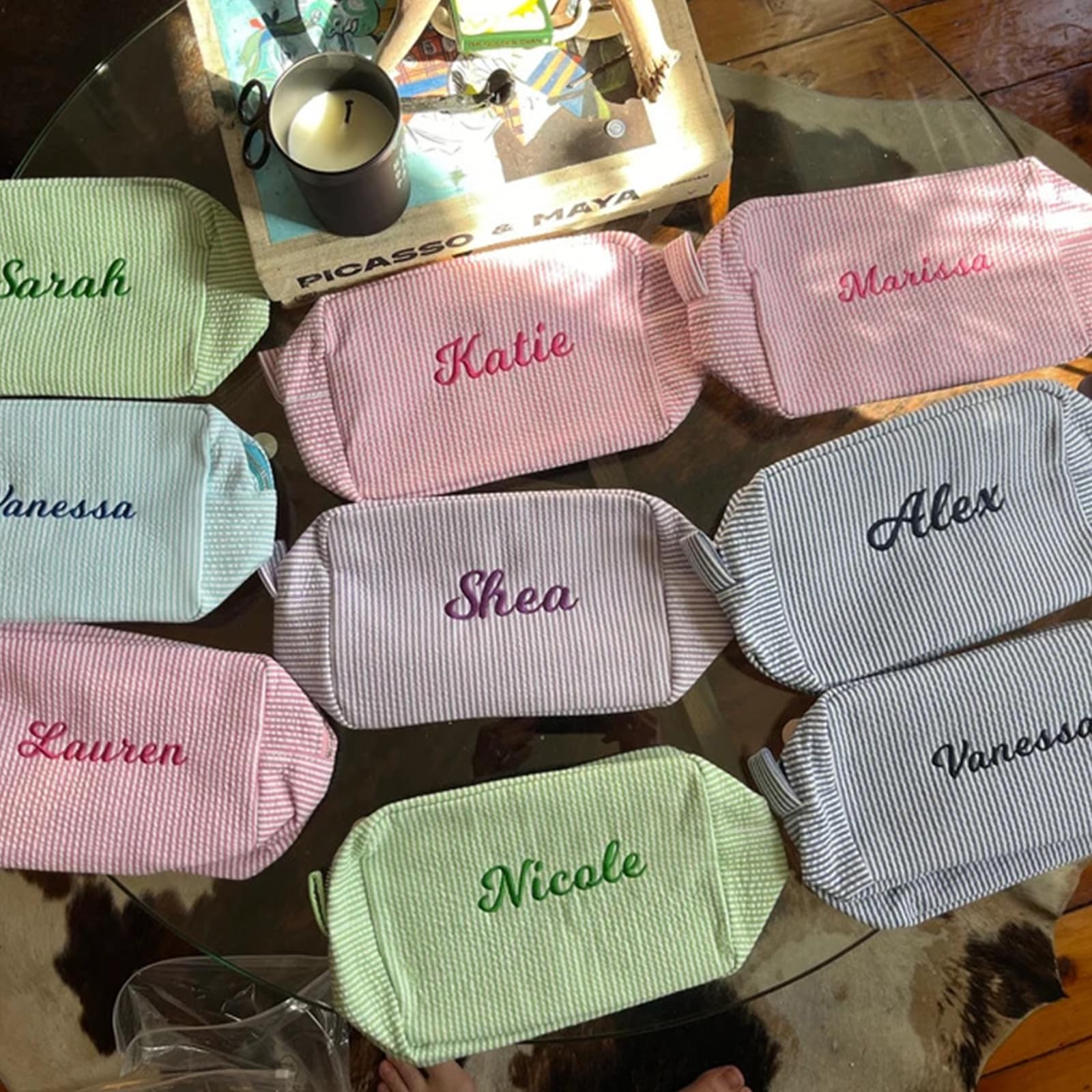 Personalized Monogrammed Seersucker Makeup Bag for Women - Custom Cosmetic Travel Organizer with Names - Large Capacity Toiletry Case for Travel, Wedding, Bridesmaid, Graduation Gifts - Perfect for Vacation, Bachelorette Parties & Everyday Use