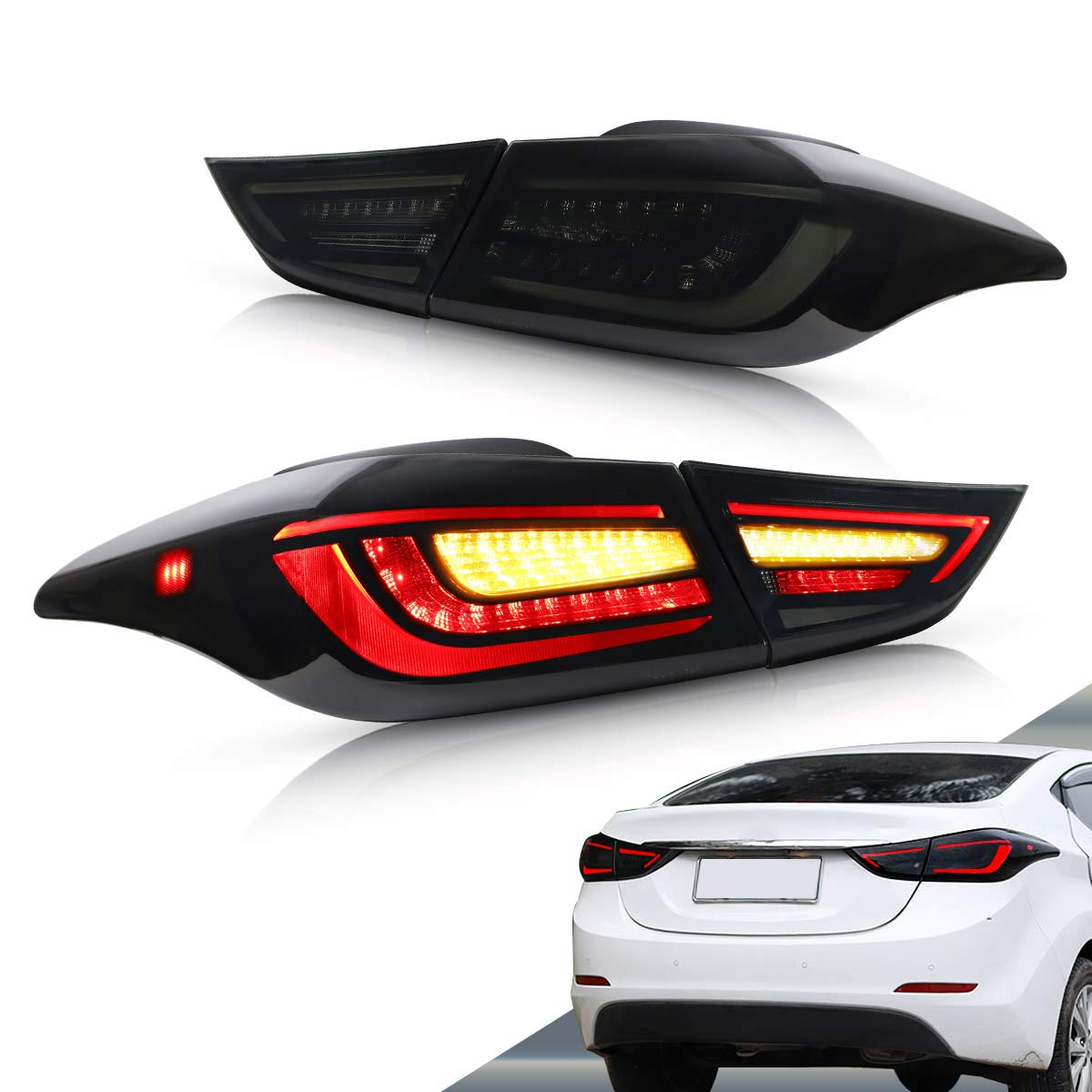 VLAND LED Tail Lights for Hyundai Elantra 2012-2016 Sedan & Coupe 2013-2014 - Amber Sequential Turn Signal, Smoke Tinted Rear Light Assembly (Pair) - Upgrade Your Car's Style & Safety for Night Driving