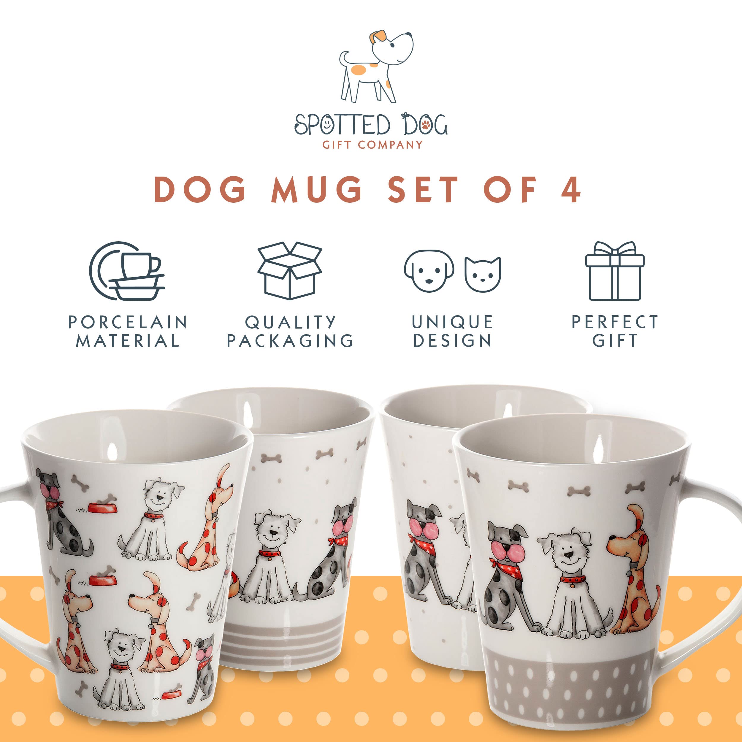 Spotted Dog Themed 12oz Ceramic Coffee Mug Set - 4 Cute Dog Lovers Gift Mugs for Tea & Coffee - Perfect for Dog Owners, Animal Lovers, Women & Men - Ideal for Home, Office, or Gift Giving