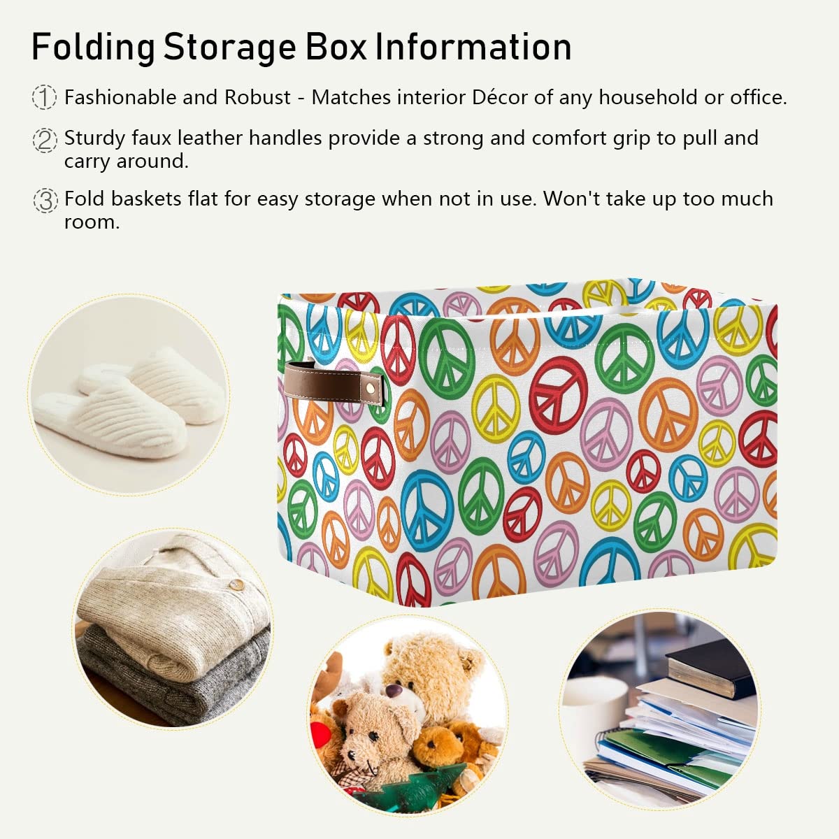 Collapsible Rectangular Storage Basket with Leather Handles - Foldable Organizer Bin for Nursery, Kitchen & Office | Home Organization & Clutter Control Solution
