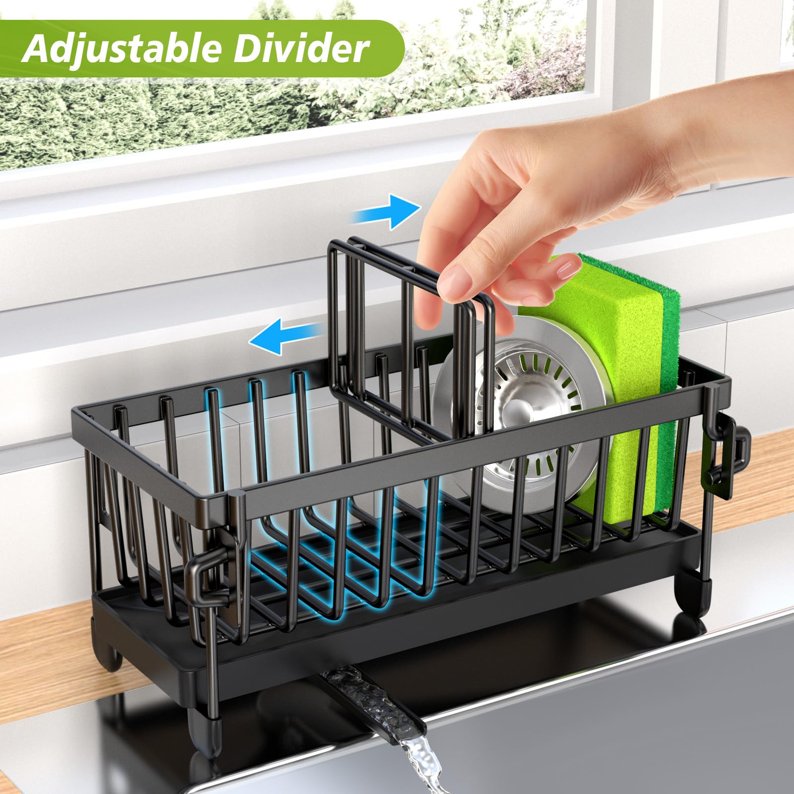 Stainless Steel Kitchen Sink Organizer with Removable Drain Tray & Sponge Holder - Adjustable Partitions, Dishcloth Hanger & Brush Drainer - Perfect for Small Kitchen Organization & Sink Storage (Black) - Ideal for Apartment, RV, and Compact Kitchen Spaces