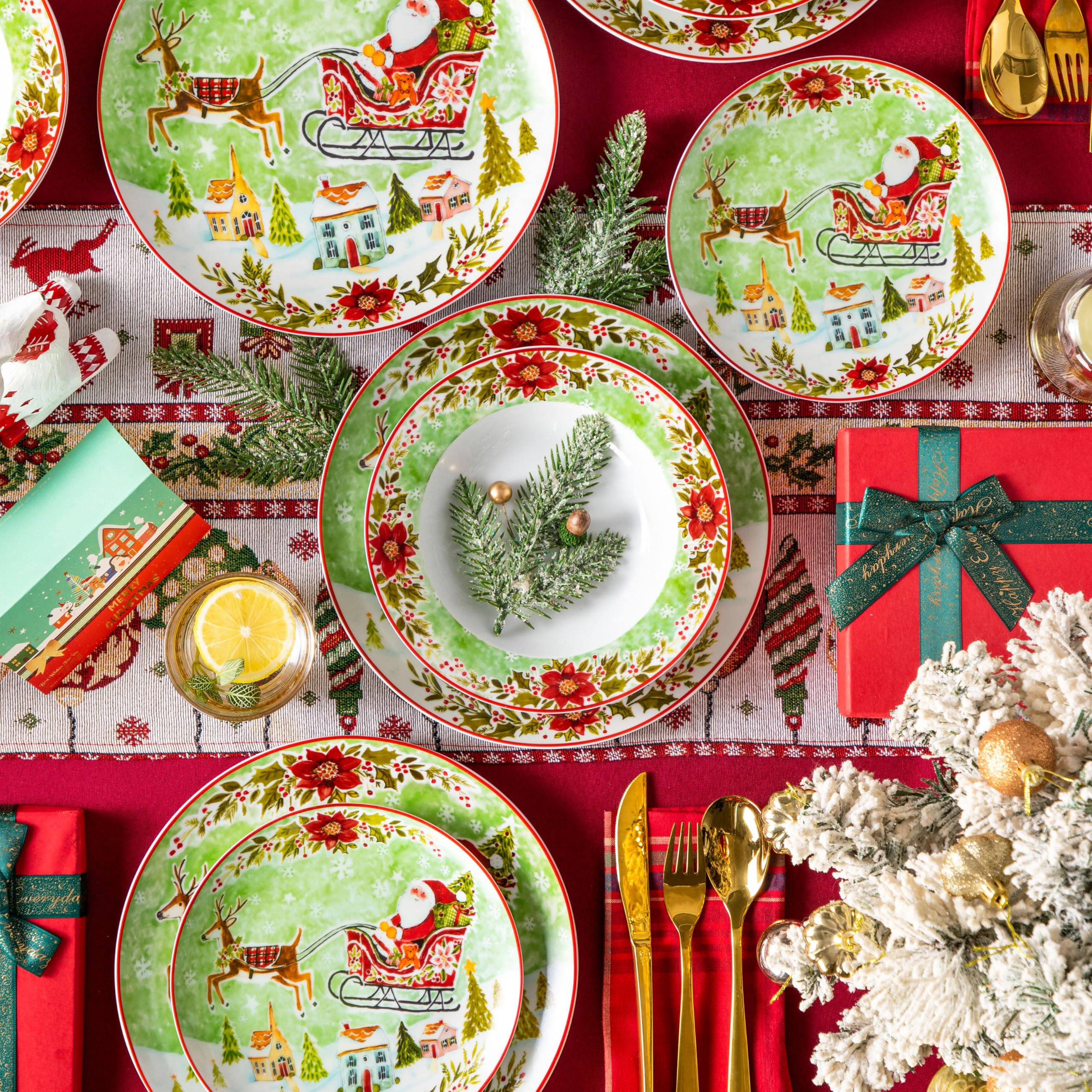 VEWEET 18-Piece Porcelain Christmas Dinnerware Set for 6 - 6 Dinner Plates, 6 Dessert Plates, 6 Soup Plates with Santa & Reindeer Design | Holiday Table Setting, Christmas Party, Festive Family Dinner