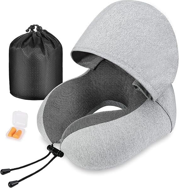 MAHVIW Memory Foam Travel Pillow with Hood - Ultra Soft Neck Support for Airplane, Car, Train & Office - Perfect for Long Flights, Road Trips & Work Breaks