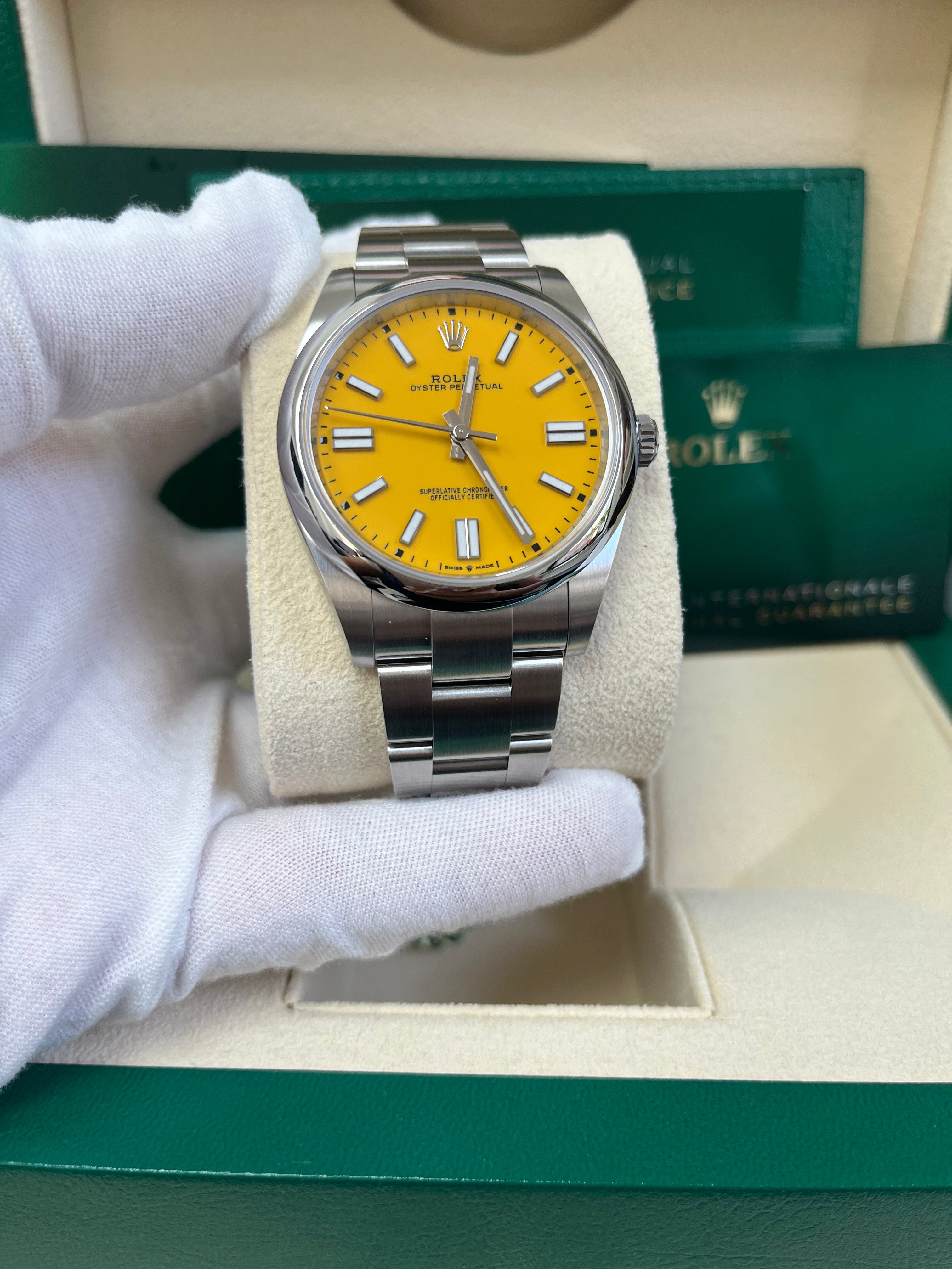 Rolex Oyster Perpetual 41 Watch - Stainless Steel Case, Sunflower Yellow Dial, Oyster Bracelet (Ref# 124300) | Luxury Men's Dress Watch for Business & Formal Occasions
