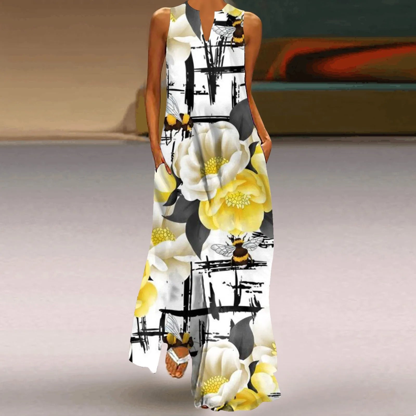 Stylish Women's Floral Print Hollow V-Neck Maxi Dress - Sleeveless Loose Fit Summer Beach Dress for Vacation, Seaside Outings & Boho Chic Occasions