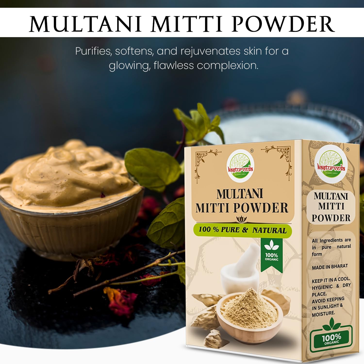 Kasturveda Natural Multani Mitti Powder - 350g Pure Bentonite Clay for Face & Skin | Deep Cleansing, Oil Control & Glow | Indian Healing Clay & Fuller's Earth | Perfect for Acne Treatment, Blackhead Removal & DIY Face Masks