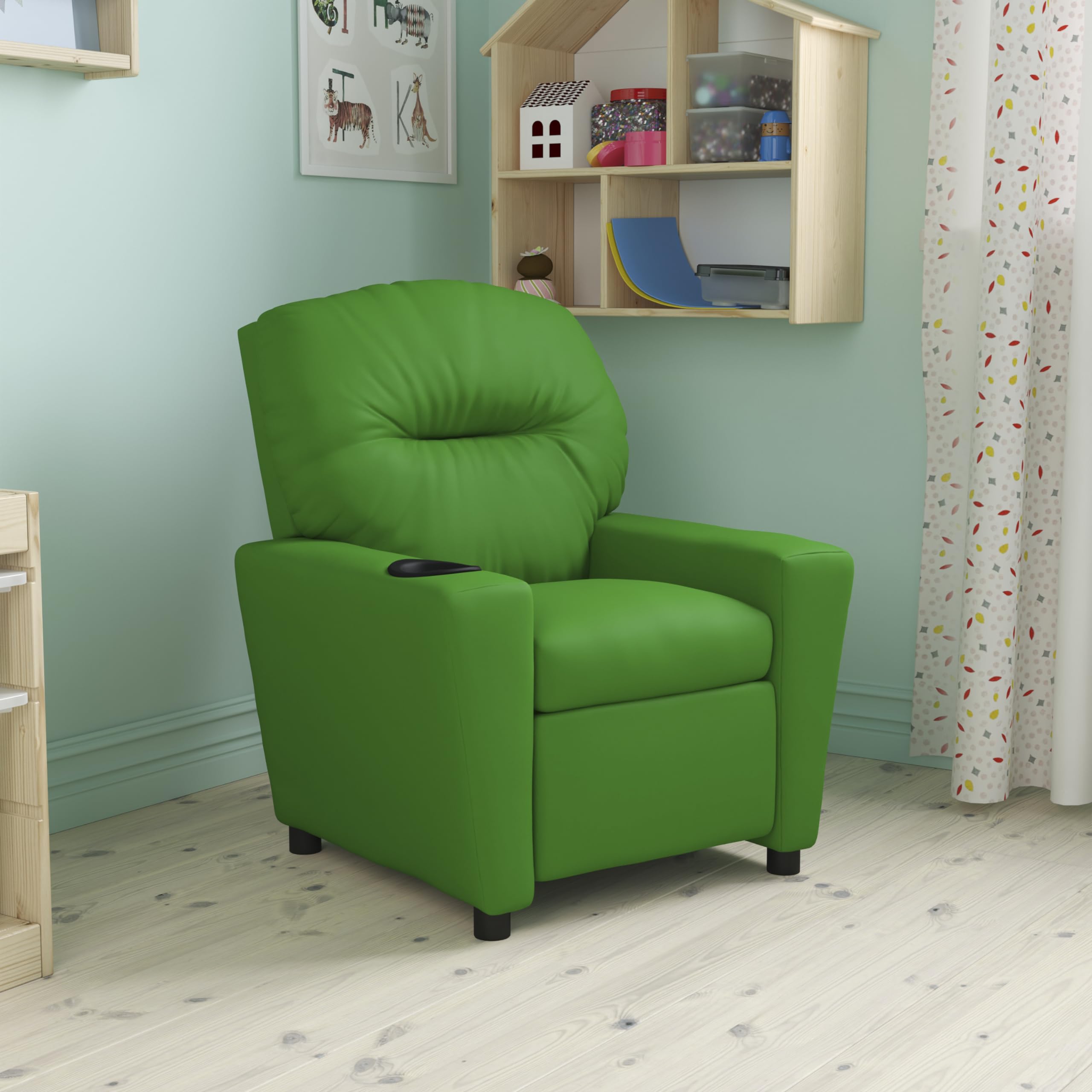 Emma & Oliver Green Vinyl Kids Recliner Chair with Cup Holder - Comfortable Children's Lounge Chair for Playroom, Bedroom or TV Time