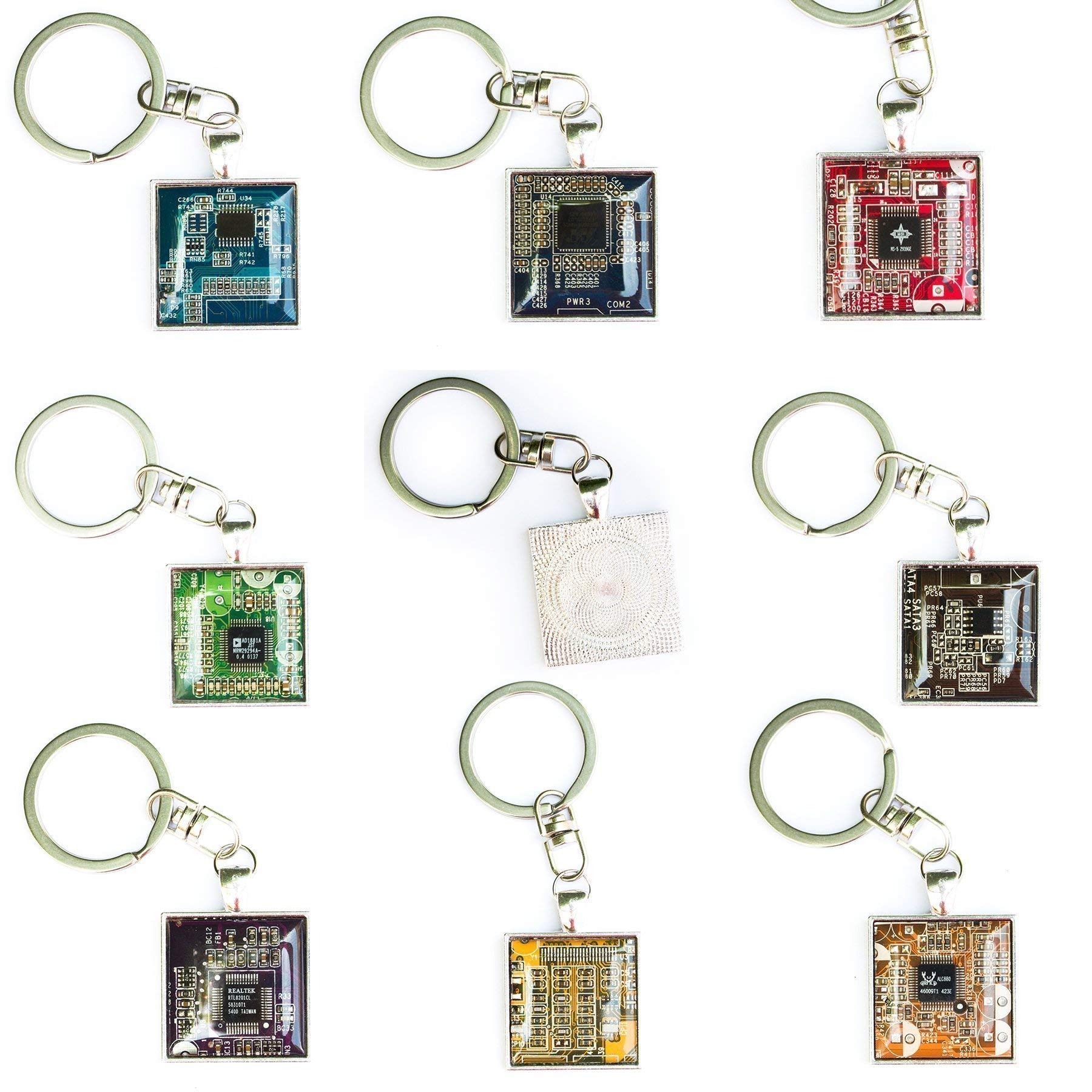 Eco-Friendly Recycled Circuit Board Keychain - Square Design (Red) | Unique Tech Gift for Engineers, Programmers & Electronics Enthusiasts | Perfect for Office Keys, Backpacks & Geek Accessories
