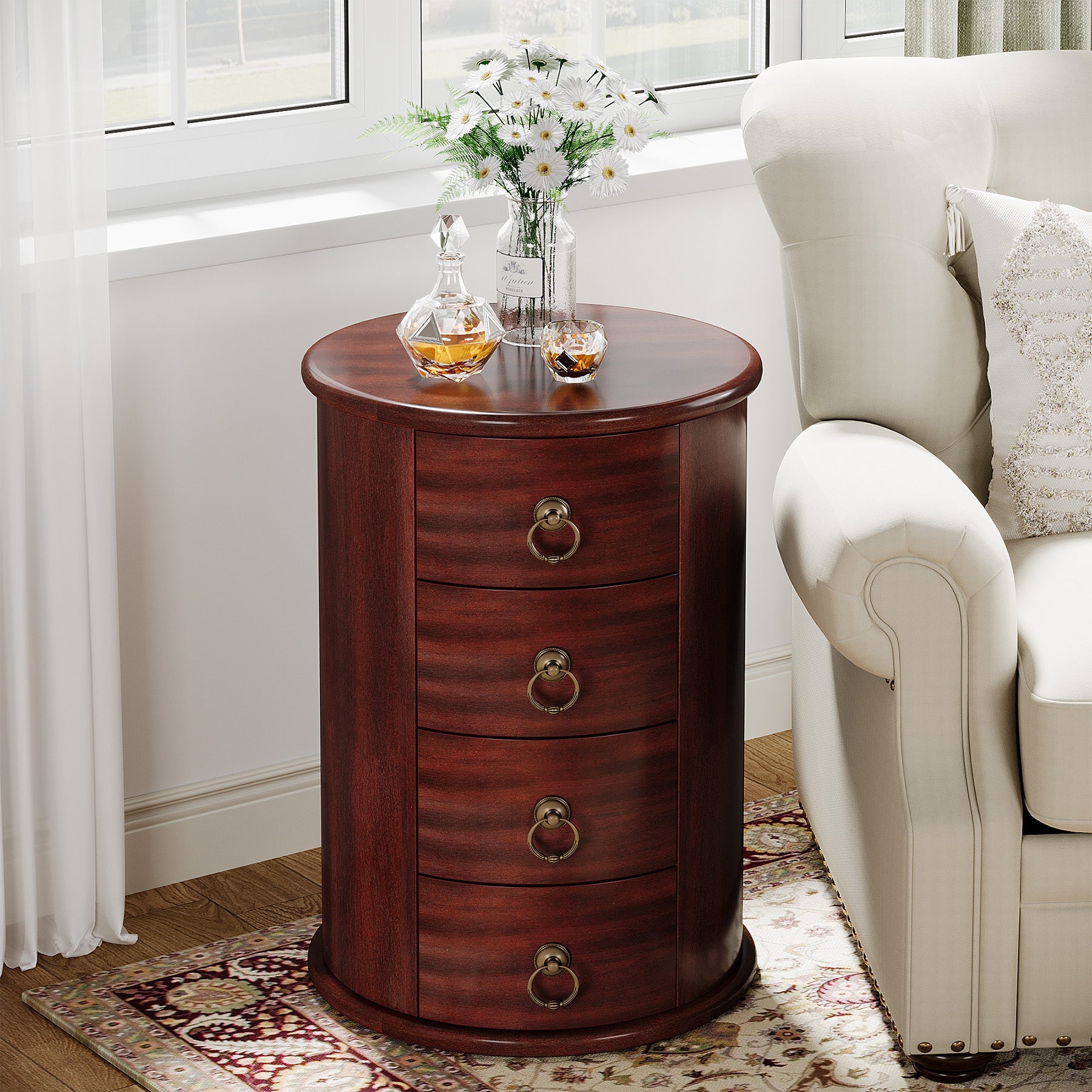 Round Wood End Table with 4 Drawers - Small Side Table for Living Room, Bedroom, or Office - Perfect for Storage and Decor