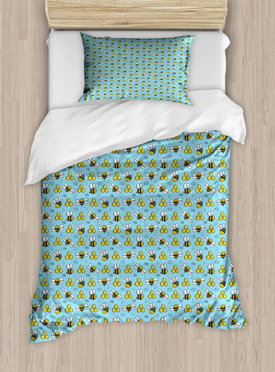 Ambesonne Cartoon Duvet Cover Set - Twin Size 2-Piece Bedding Set with 2 Duvet Covers & 2 Pillowcases, Summer Style Happy Flying Characters & Hexagon Comb Design in Sky Blue & Mustard - Perfect for Kids' Rooms, Dorm Decor, and Fun Bedroom Themes