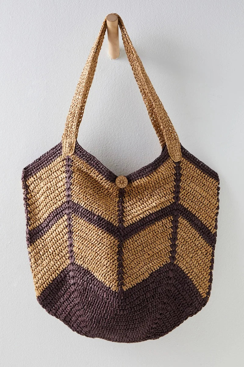 Mykonos Straw Tote Bag for Women - Handwoven Espresso Brown Beach Bag - Perfect for Summer Vacations, Pool Parties & Boho Chic Outfits