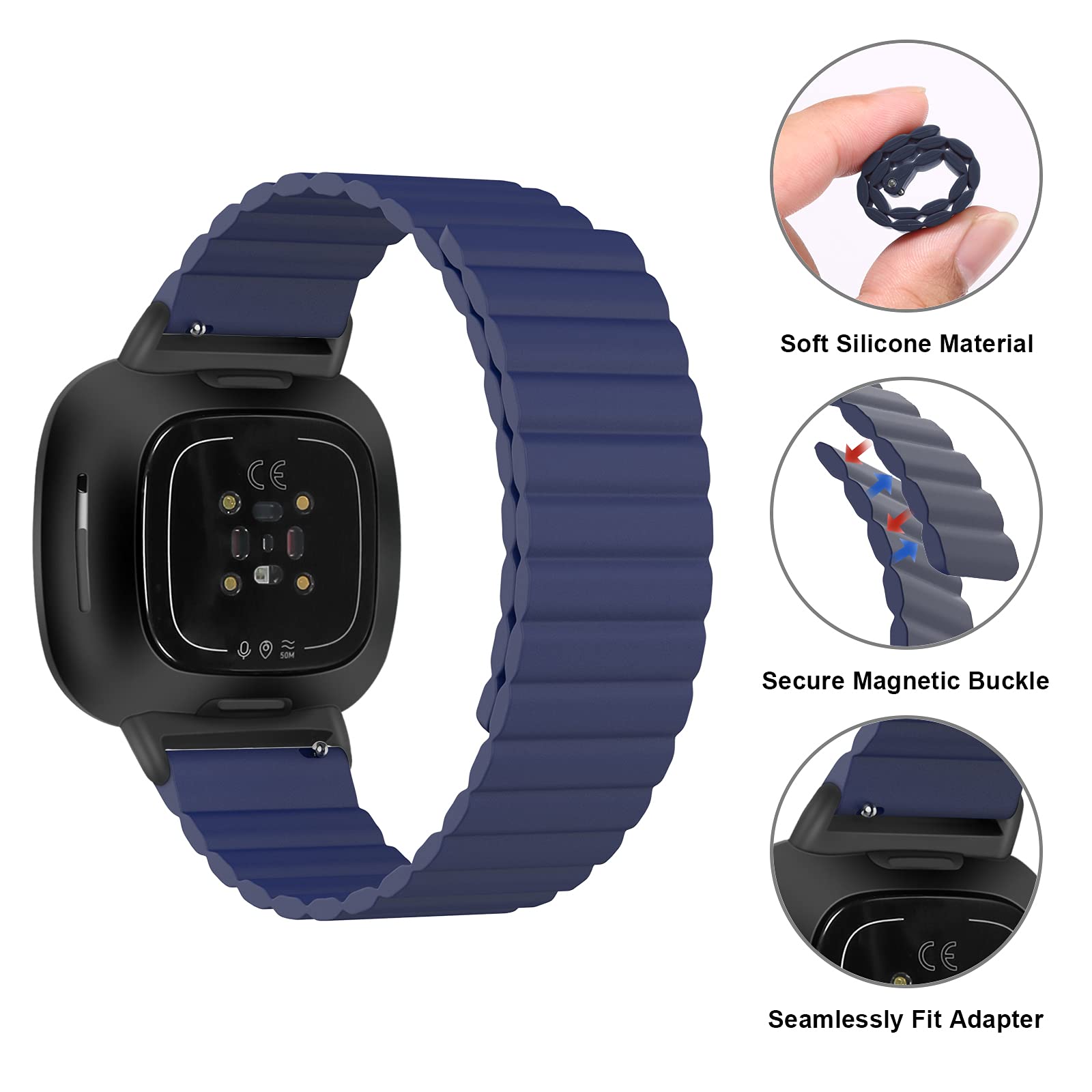 Premium Silicone Magnetic Bands for Fitbit Versa 3 & Sense - Adjustable Loop Strap with Secure Magnetic Closure - Navy Blue Large Size - Perfect for Workouts, Running & Daily Wear