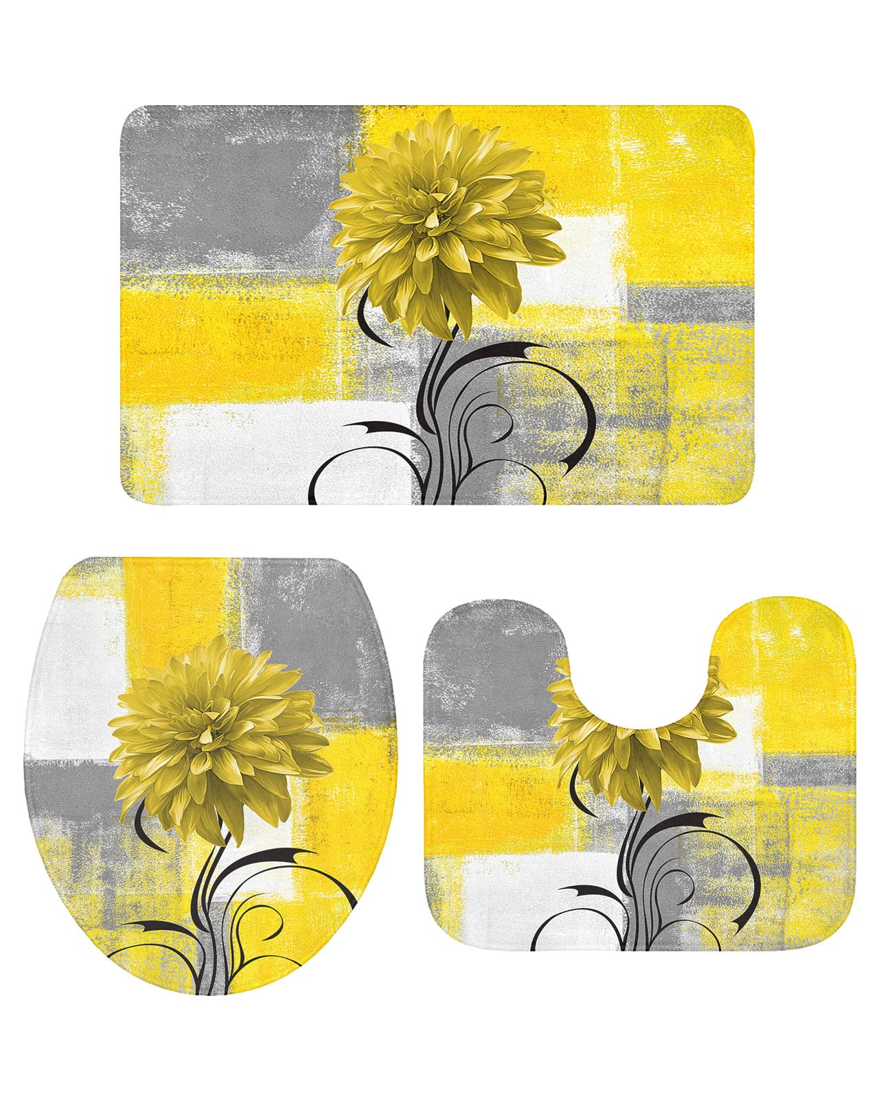 Farmhouse Bathroom Rugs 3-Piece Set - Non-Slip Bath Mat, Toilet Lid Cover & Decor Mat with Oil Painting Dahlia Floral Design for Cozy Home Decor (Perfect for Farmhouse, Cottage & Vintage Style Bathrooms)