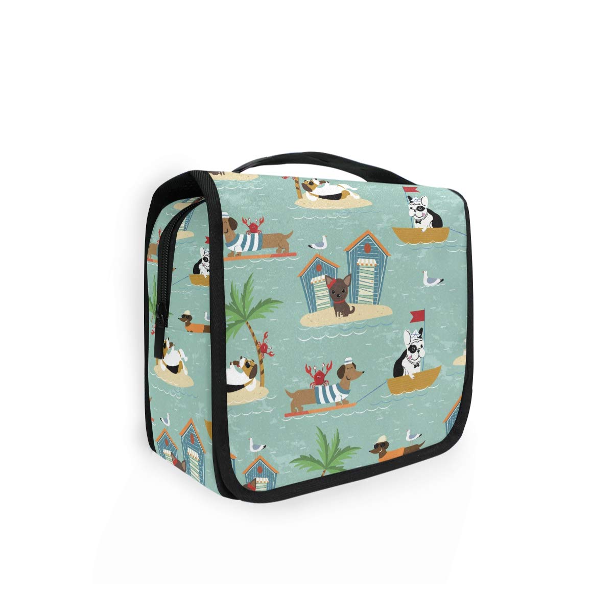 Moyyo Hanging Toiletry Bag for Travel - Waterproof Beach Bulldog Dachshund Beagle Dog Print Cosmetic Organizer - Portable Wash Bag for Gym, Camping, Women, Girls & Kids - Perfect for Vacations, Outdoor Adventures & Daily Use
