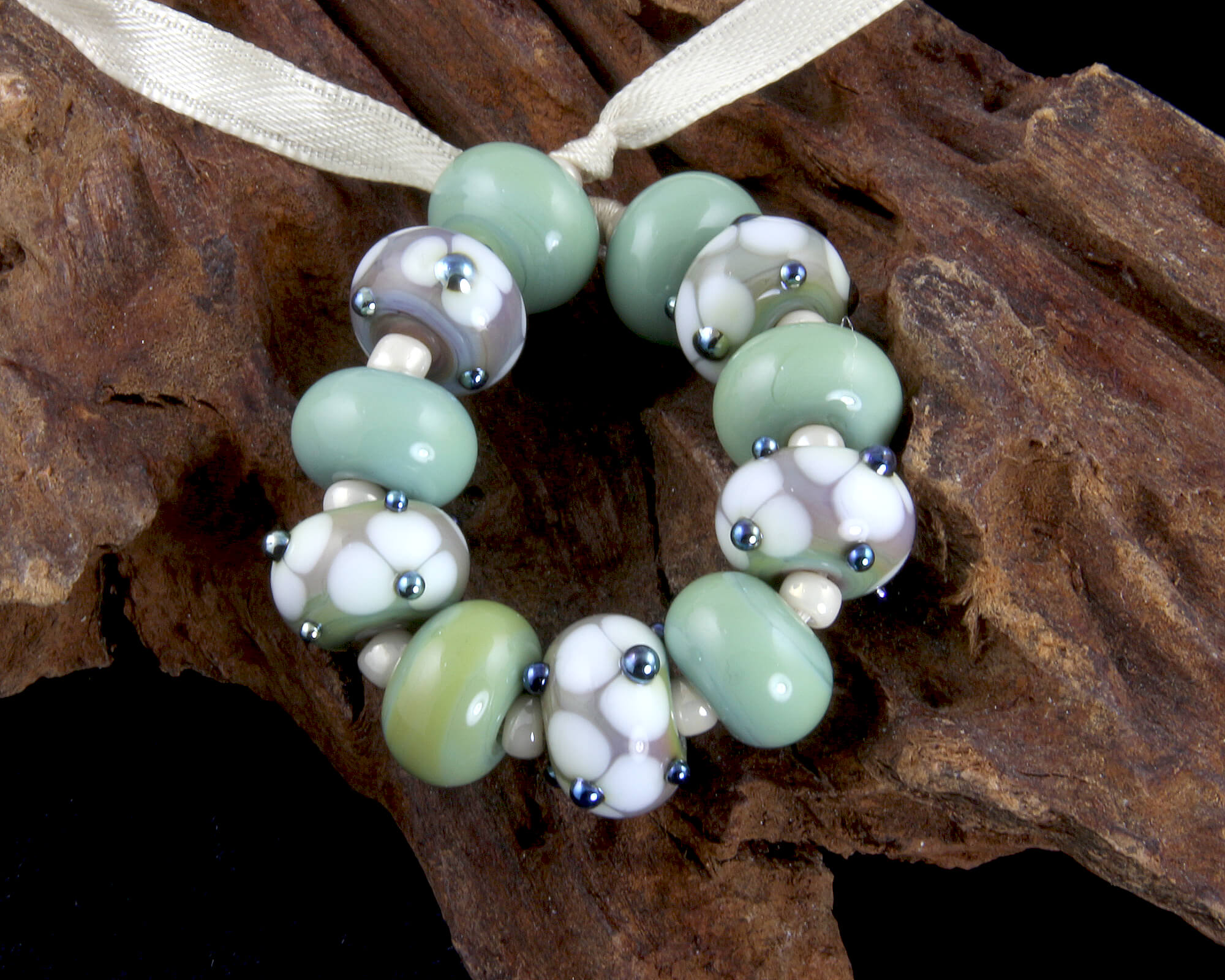 Green Floral Lampwork Glass Beads Set for Jewelry Making - DIY Bracelets, Necklaces & Craft Projects - SRA