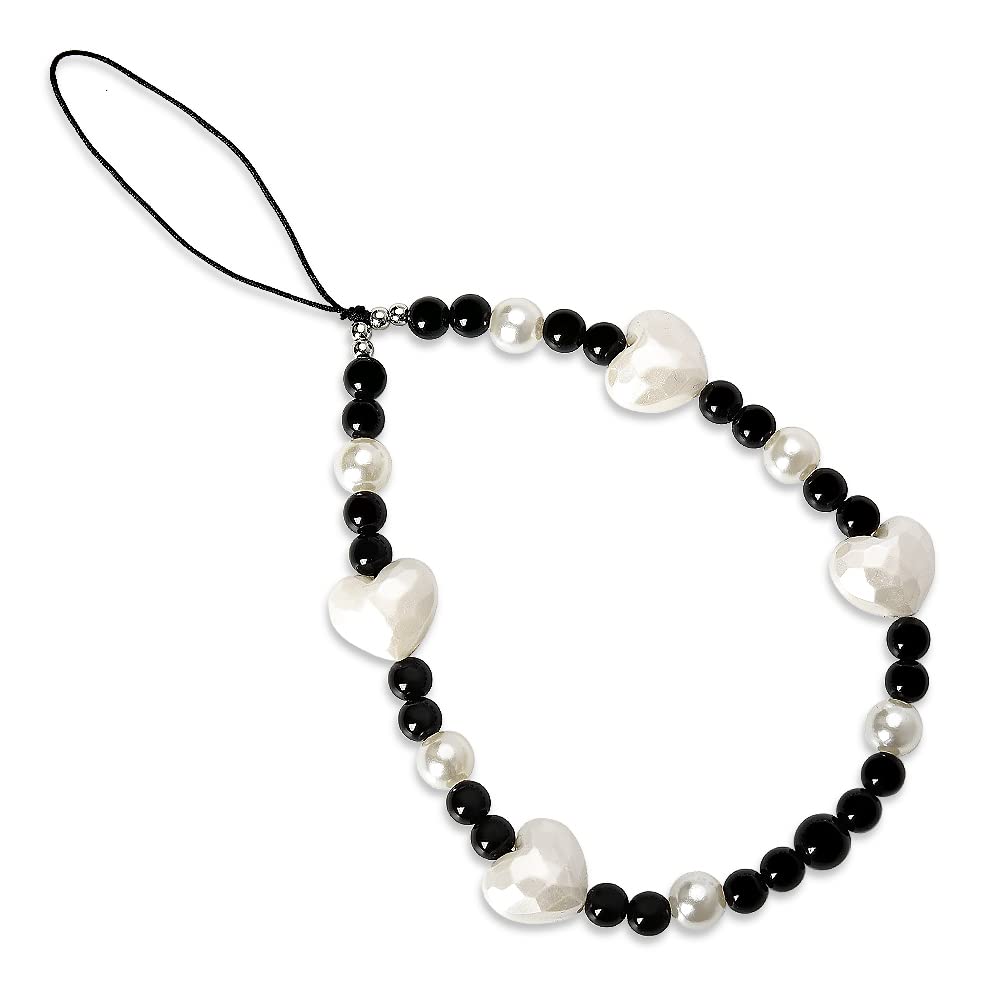 Kilener Heart Beaded Phone Lanyard - Black & White Wrist Strap with Anti-Lost Chain for iPhone Samsung Phone Cases | Cute Phone Charms Accessories for Women & Girls | Perfect for Work, School & Travel