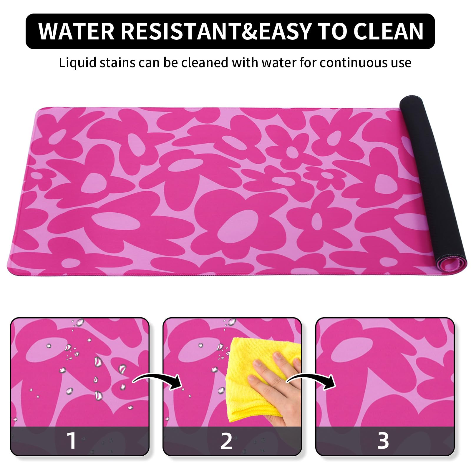 XXL Non-Slip Gaming Mouse Pad with Rubber Base - Waterproof Large Desk Mat for Keyboard & Laptop - Perfect for PC Gaming, Office Work & Home Use - Hot Pink Daisy Design