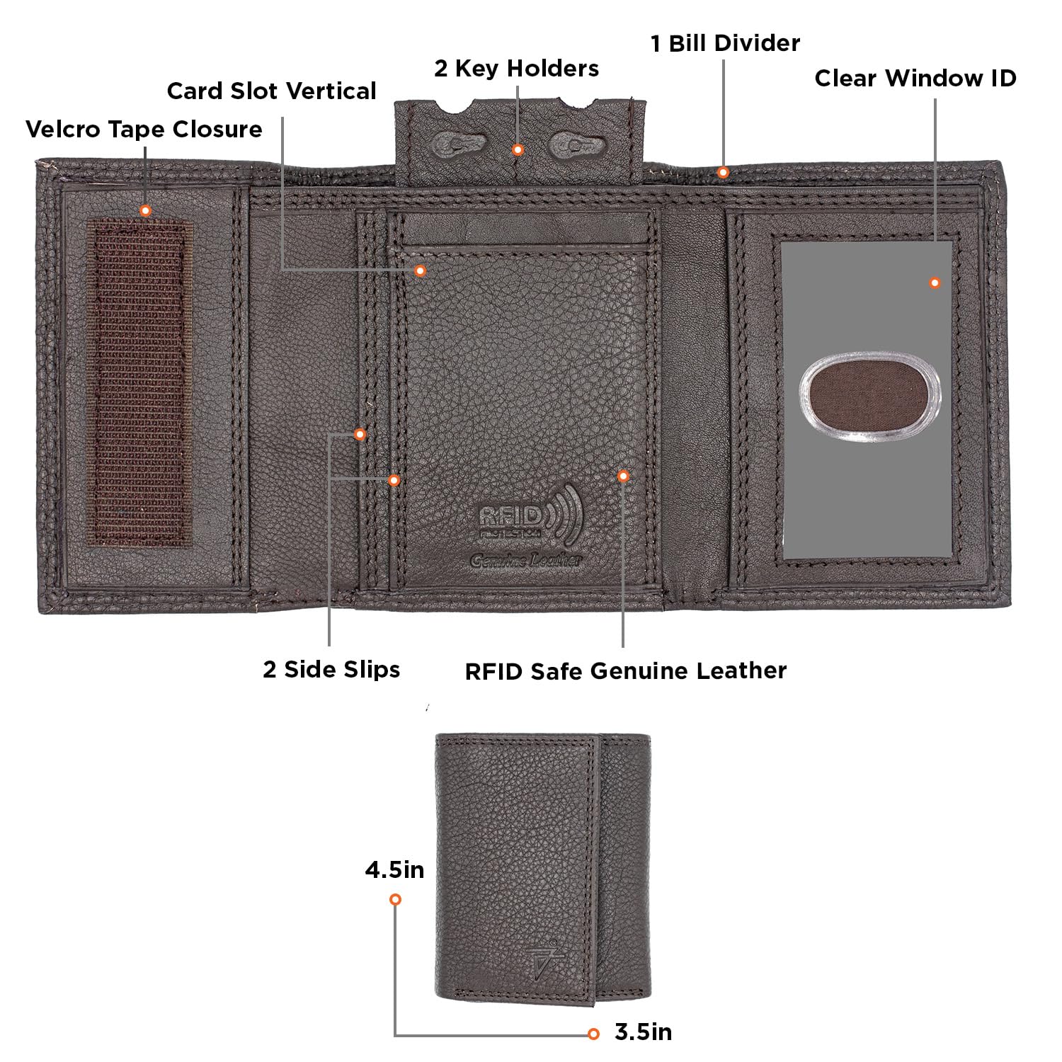 Men's RFID Blocking Trifold Leather Wallet with Key Holder & Velcro Closure - Premium Genuine Leather Card Case (Brown, Made in India) - Perfect for Everyday Use, Travel & Gift Giving