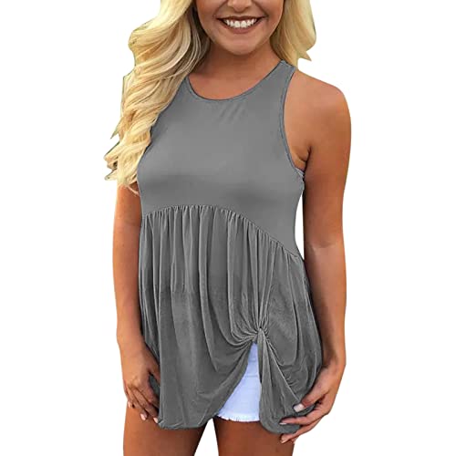 Women's Casual Round Neck Solid Color Loose Fit Spliced Ruffled Twist Blouse Tank Top - Summer Fashion T-Shirt (Grey, XL) - Perfect for Beach Outings, Vacation Wear & Everyday Comfort