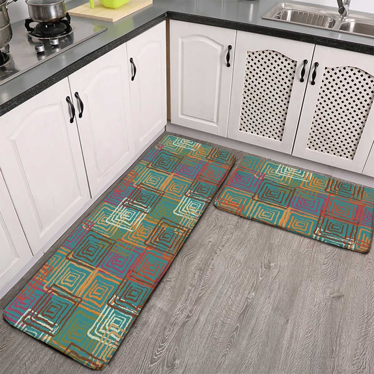Non-Slip Absorbent Bathroom and Kitchen Rugs Set - Soft Flannel Bath Mats for Bathroom, Kitchen, Hallway - Grunge Folk Rainbow Design (17.7