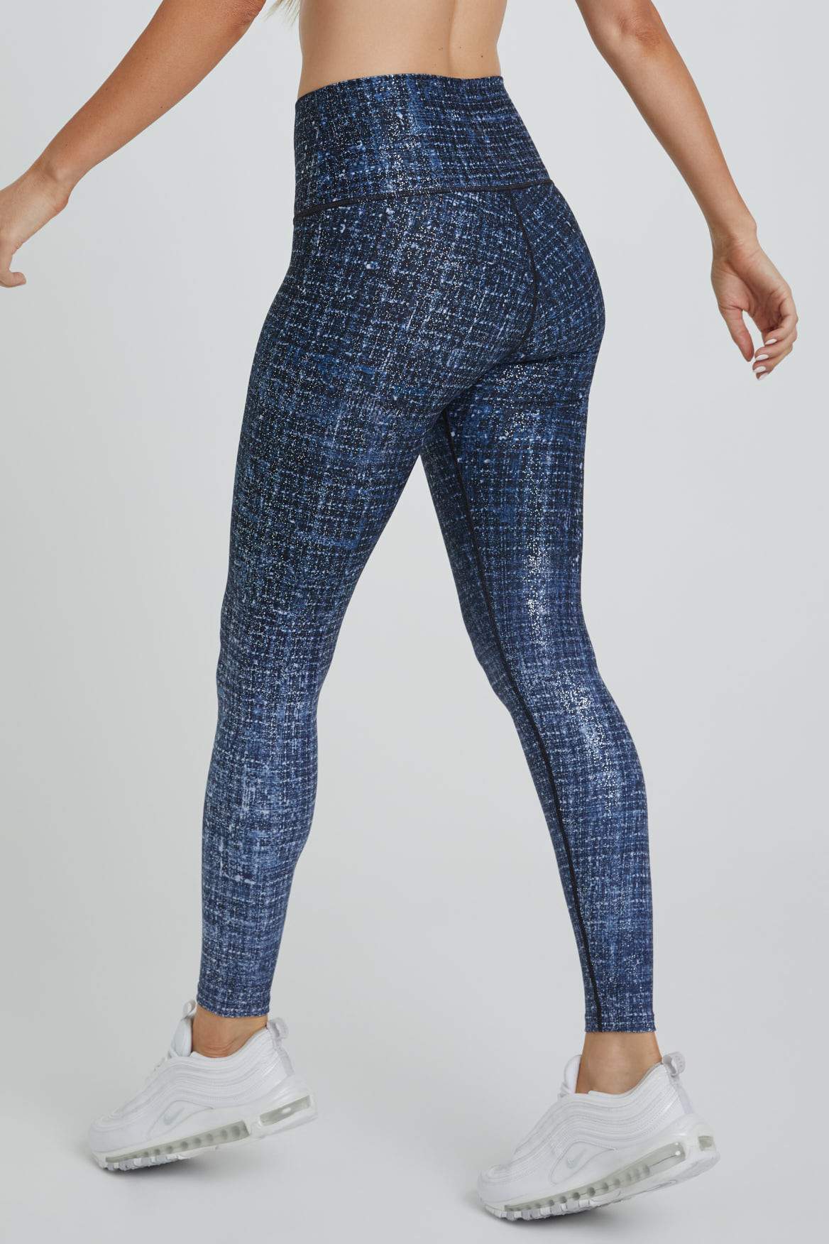 High Waisted Leggings for Women - Navy Blue Tweed with Foil Print - Yoga, Workout & Everyday Wear
