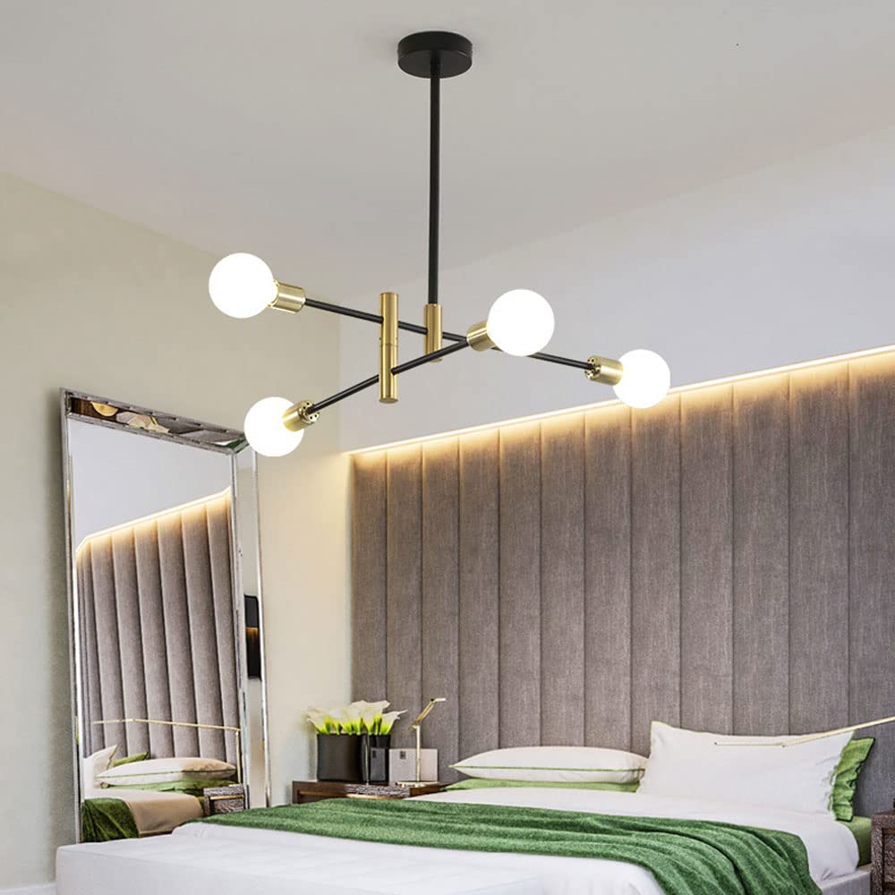 Modern 4-Light Rotating Arm Chandelier - Black & Gold Mid-Century Ceiling Light Fixture | Semi-Flush Mount Pendant Lighting for Bedroom, Foyer & Dining Room
