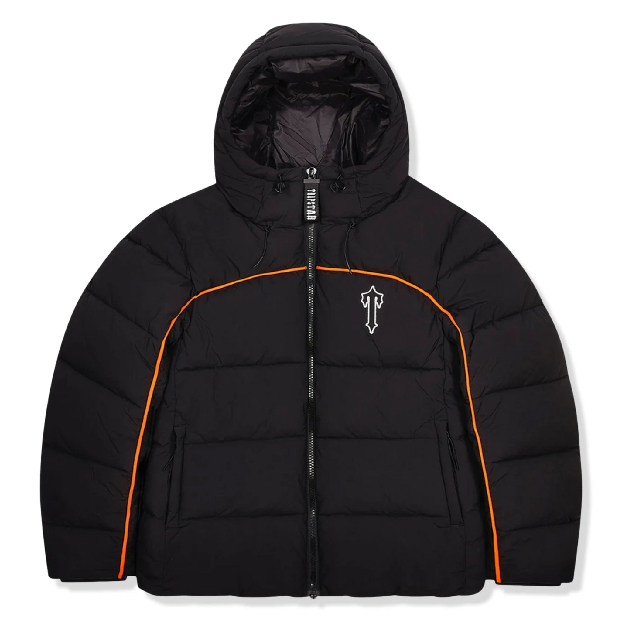Trapstar Irongate Arch Piping Black Puffer Jacket - Men's Winter Coat with Hood, Warm Quilted Outerwear for Urban Streetwear & Cold Weather Fashion