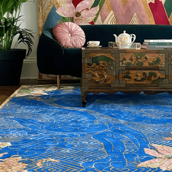 Blue & Gold Hand Tufted Dragon Floral Rug - Premium Home Decor for Living Room, Bedroom, or Office - Pre Order Now
