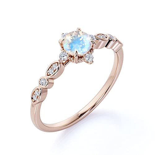 10K/14K Vintage Rainbow Moonstone & Diamond Engagement Ring - Scalloped Rose Gold Wedding Band, Birthstone Jewelry for Women - Perfect for Anniversaries, Proposals & Special Occasions