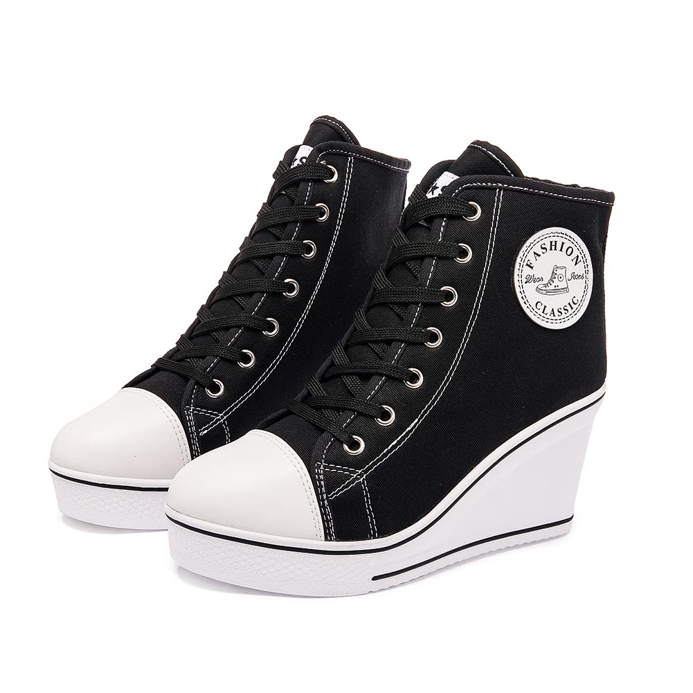 Mei MACLEOD Women's High Top Canvas Wedge Sneakers - Comfortable Lace Up High Heel Shoes for Teen Girls & College Students | Casual Wear, Campus Fashion, Everyday Outfits