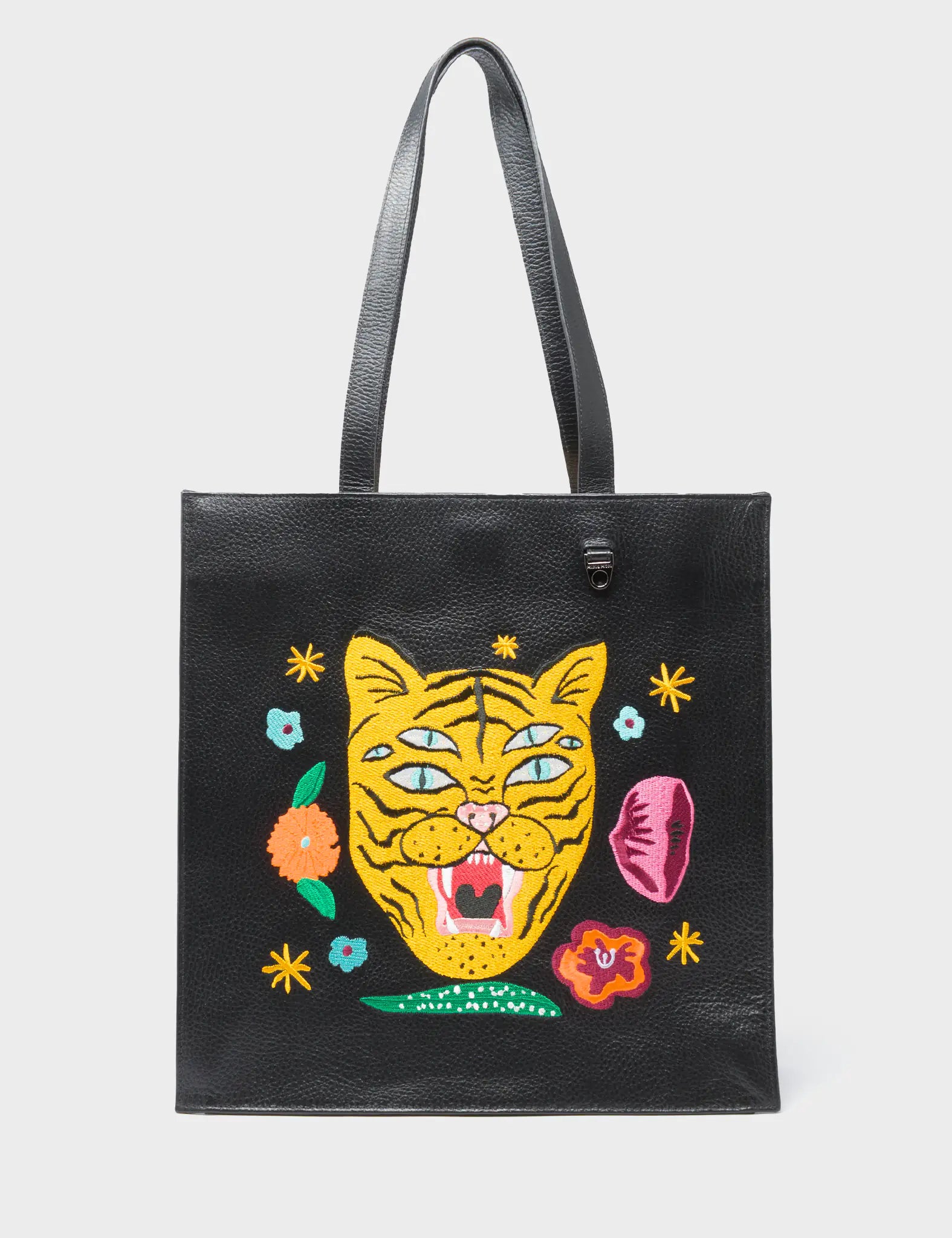 Stylish Black Leather Tote Bag with Tiger & Floral Embroidery - Perfect for Work, Travel & Everyday Use