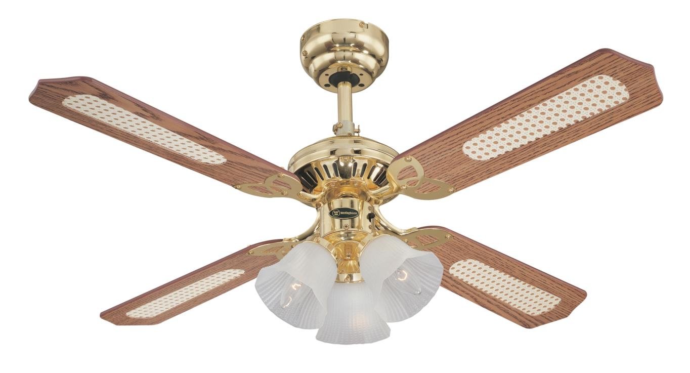 Westinghouse 78199 Princess Trio 52-Inch Indoor Ceiling Fan with Light Kit - Frosted Glass, Polished Brass Finish, Reversible Oak/Cane/Mahogany Blades - Perfect for Bedroom, Living Room & Home Office