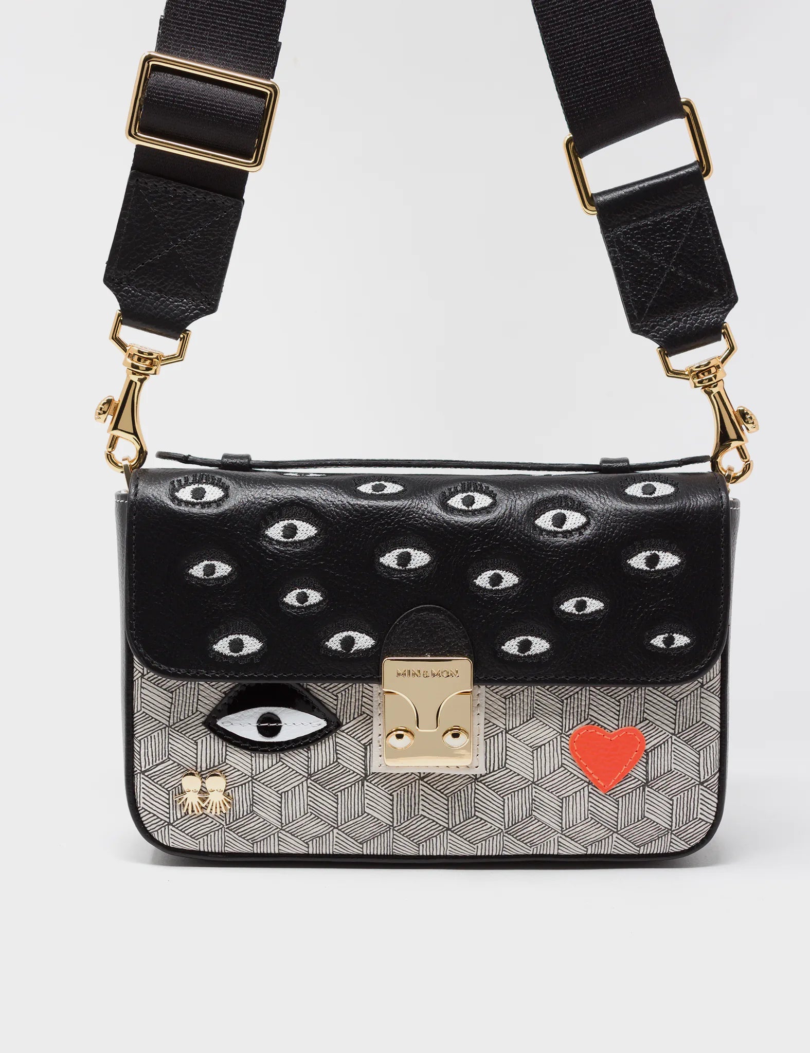 Amantis Black and Cream Leather Crossbody Mini Handbag with All Over Eyes Embroidery - Stylish Small Purse for Women, Perfect for Date Night, Parties, and Everyday Use