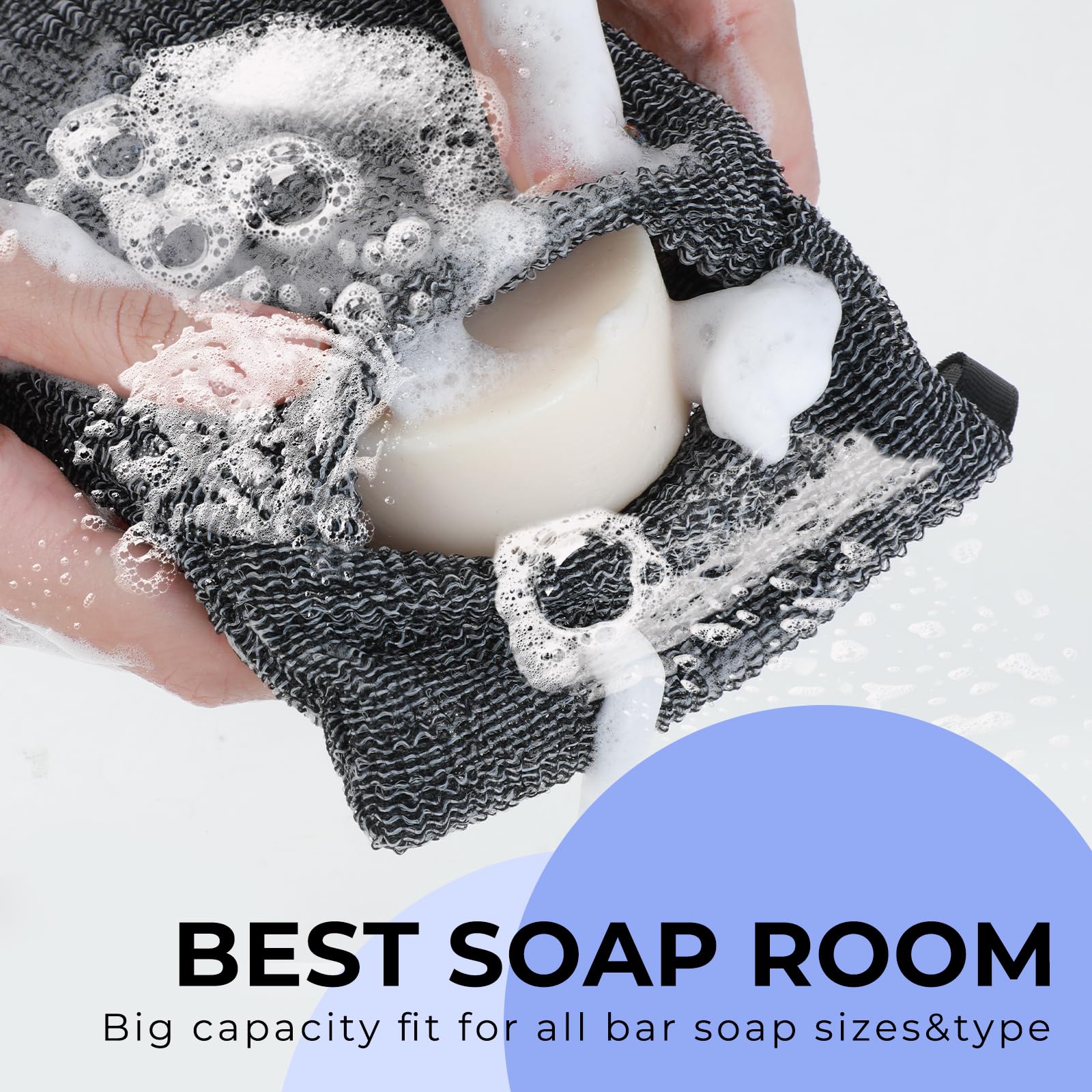 Exfoliating Soap Bag for Bar Soap - 4 Pack Soap Saver Pouch with Body Scrubber Sponge, Exfoliator for Shower & Bath - Reusable Mesh Pouch for Large Soap Bars or Leftover Bits (Grey, Blue, Pink, Black) - Perfect for Travel, Camping & Eco-Friendly Bath Routine