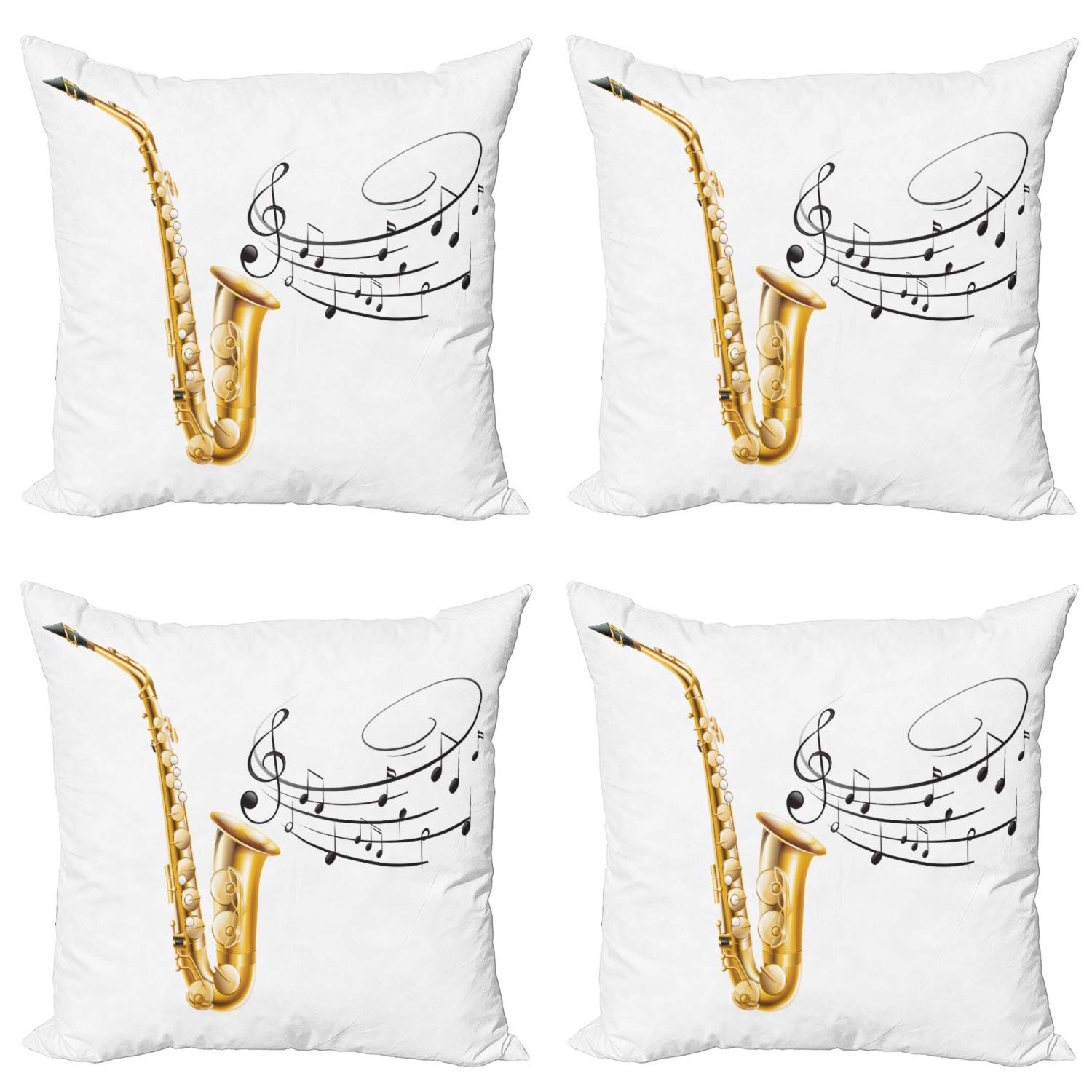 Ambesonne 4-Pack Decorative Throw Pillow Covers - Vintage Saxophone Music Art Print Design, 20x20 Inch Yellow Black White Cushion Covers for Sofa, Living Room, Bedroom & Car - Perfect for Jazz Lovers & Music Themed Home Decor