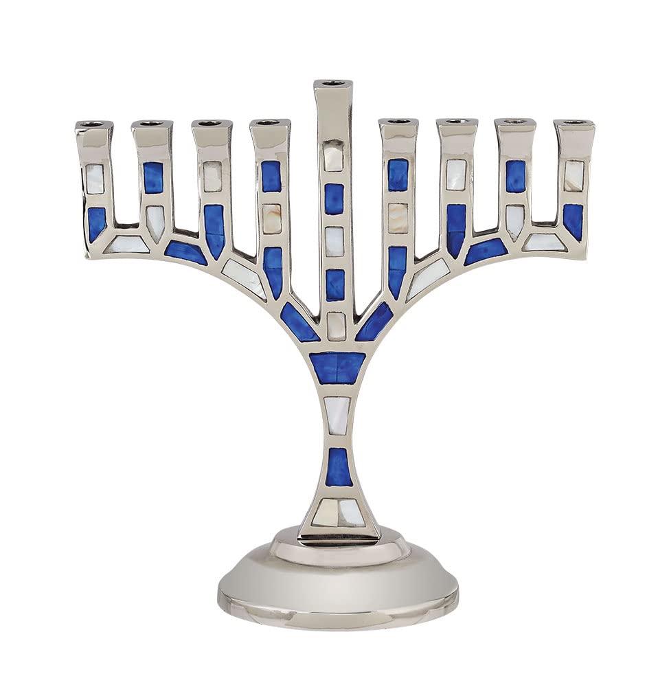 Blue & White Mosaic Tile Aluminum Menorah - Elegant Bejeweled Hanukkiah for Chanukah with Standard Candles | Perfect for Jewish Holiday Decor & Home Celebration