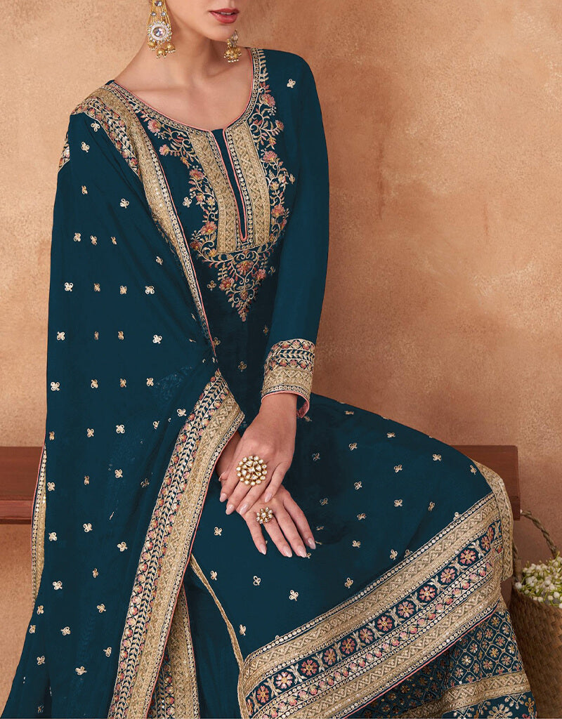 Elegant Blue Faux Georgette Palazzo Pants - Straight Leg Wide Flowy Trousers for Women | Perfect for Casual Wear, Office Outfits & Special Occasions