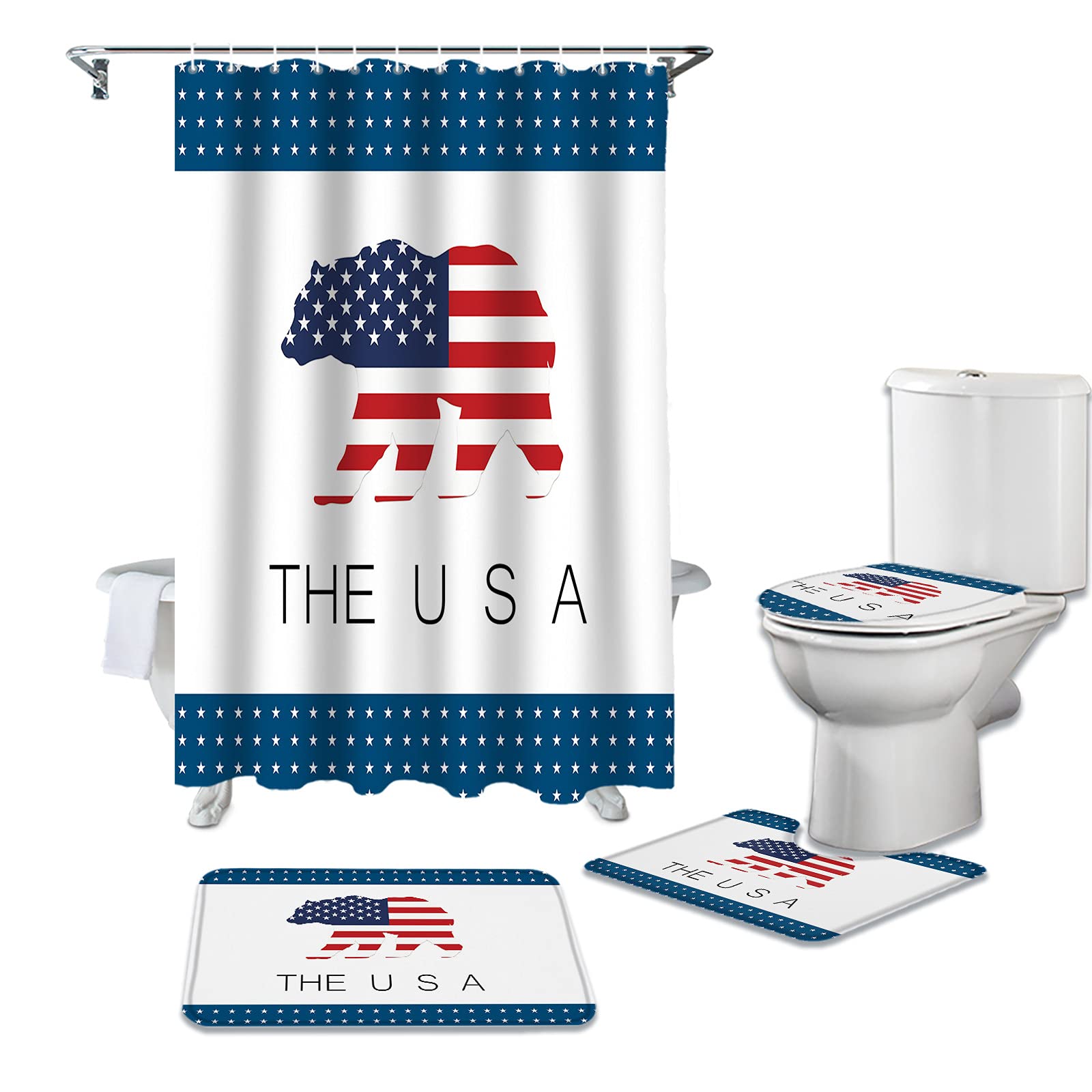 4Pcs American Flag Polar Bear Bathroom Rug Set - Non-Slip Machine Washable Bath Mats with Contour Mat & Shower Curtain - Perfect for Patriotic Bathroom Decor, Kids' Room, and Holiday Themed Bath Spaces