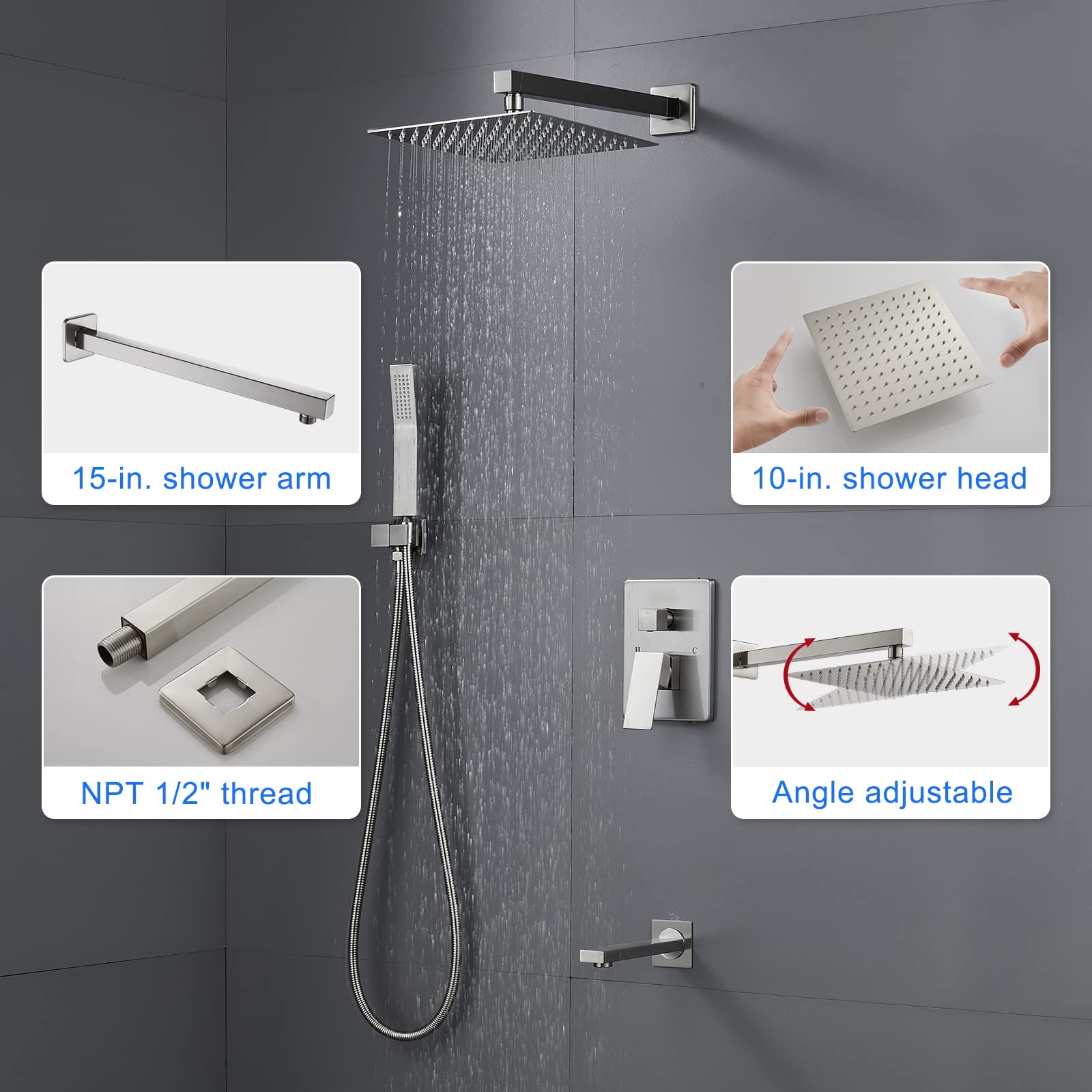 ROVOGO All Metal Brushed Nickel Bathtub Shower Faucet Set - 10 Inch Square Rain Shower Head with Handheld Sprayer, Tub Spout & Valve Trim Kit | Perfect for Modern Bathroom Renovations & Spa-Like Shower Experience