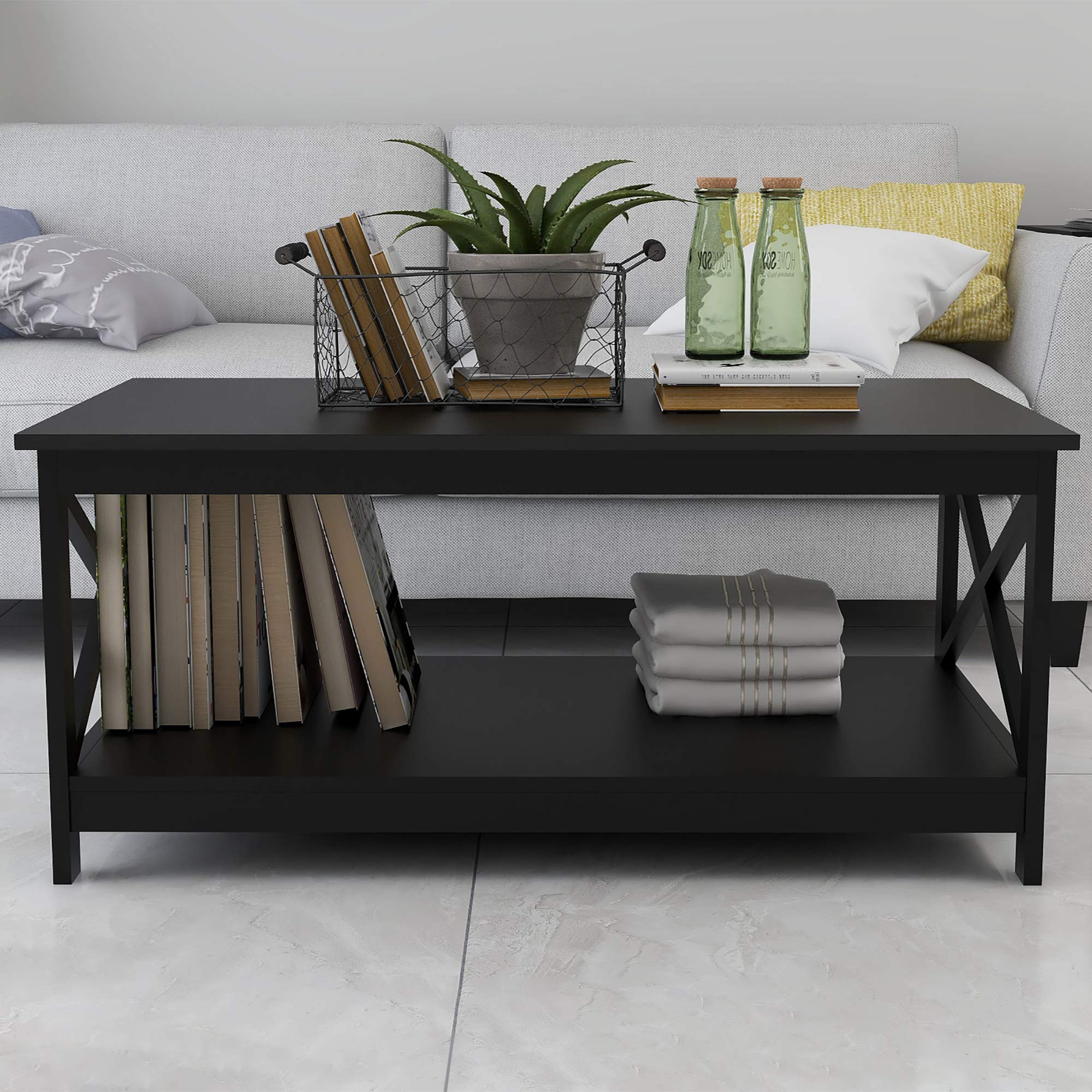 Modern Coffee Table with Storage Shelf - Easy Assembly Black for Living Room | Stylish & Functional Center Table for Small Spaces, Apartments & Home Decor