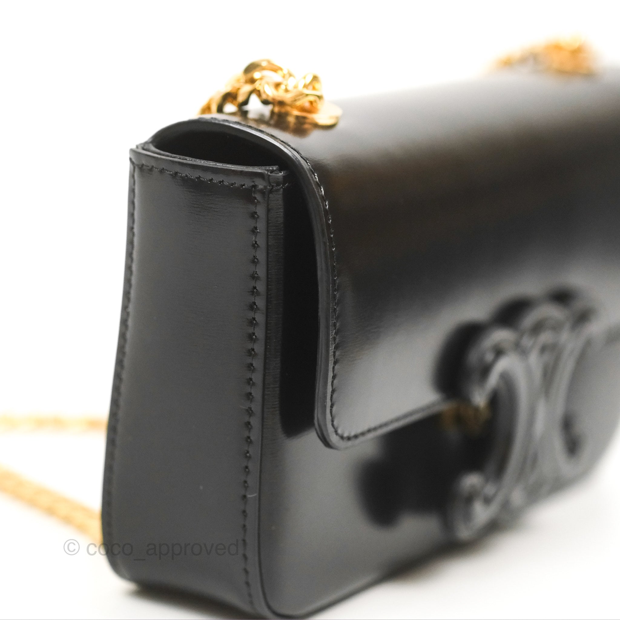 Celine Triomphe Chain Shoulder Bag in Black Shiny Calfskin Leather - Luxury Crossbody Purse for Women, Perfect for Evening Parties & Date Nights