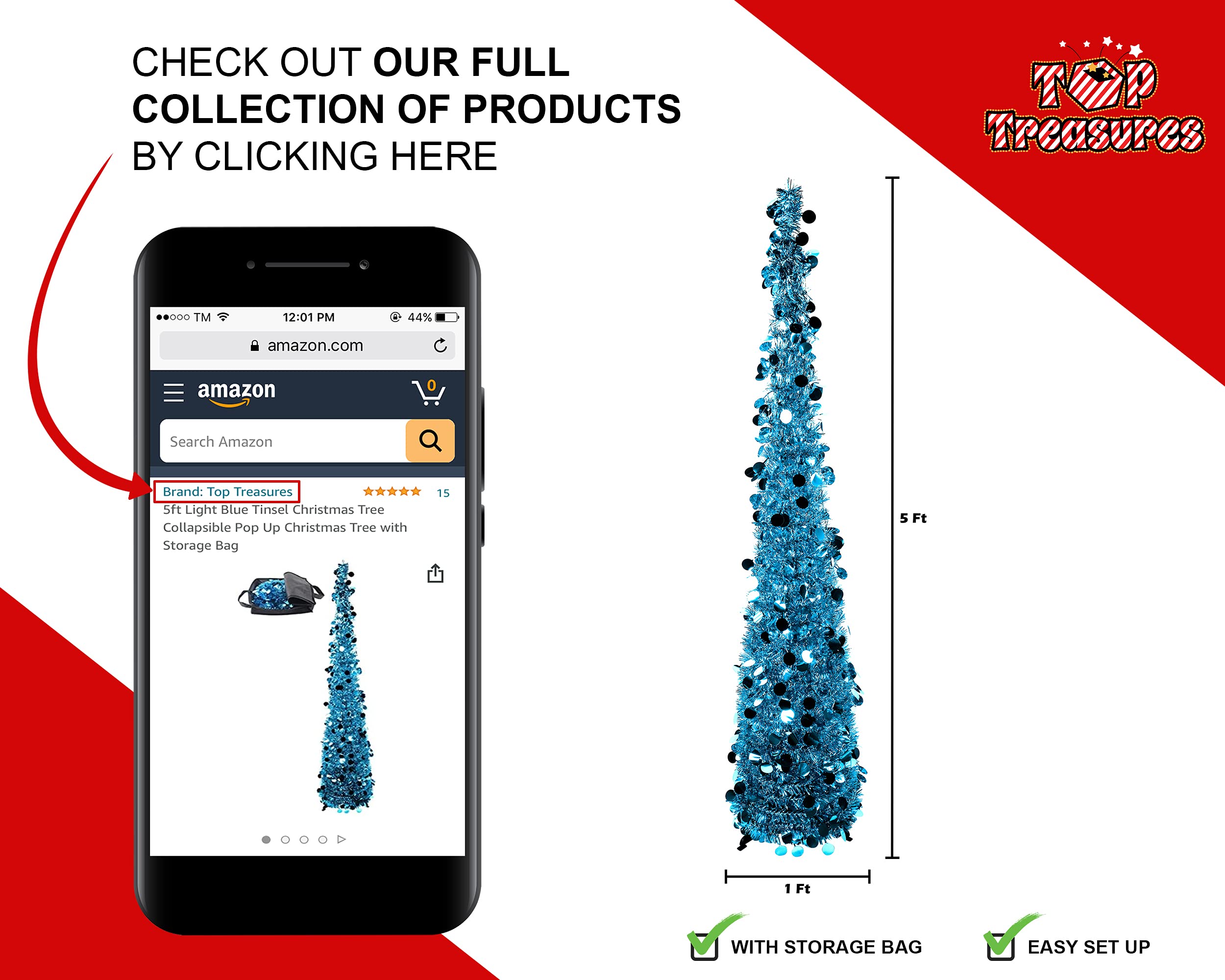 5 ft Light Blue Tinsel Christmas Tree - Foldable Pop Up Holiday Tree with Storage Bag for Home, Office & Party Decorations