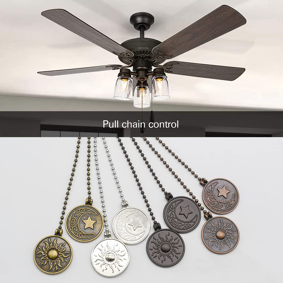 Decorative Ceiling Fan Light Pull Chain Set with Moon & Sun Beaded Pendant Extender - Nickel Finish, 1 Pack - Perfect for Bedroom, Living Room & Office Lighting Control