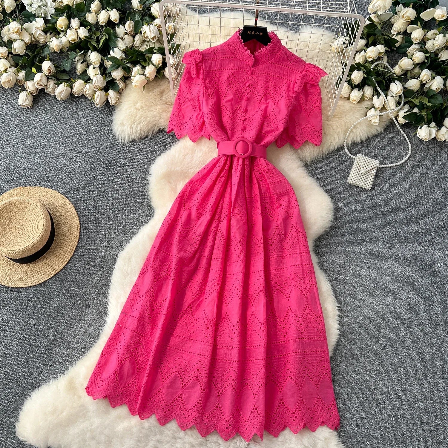 Vintage French Floral Lace Short Sleeve A-Line Dress with O-Neck & Sash - Elegant Hollow Hook Design for Women | Perfect for Casual Wear, Tea Parties & Romantic Dates