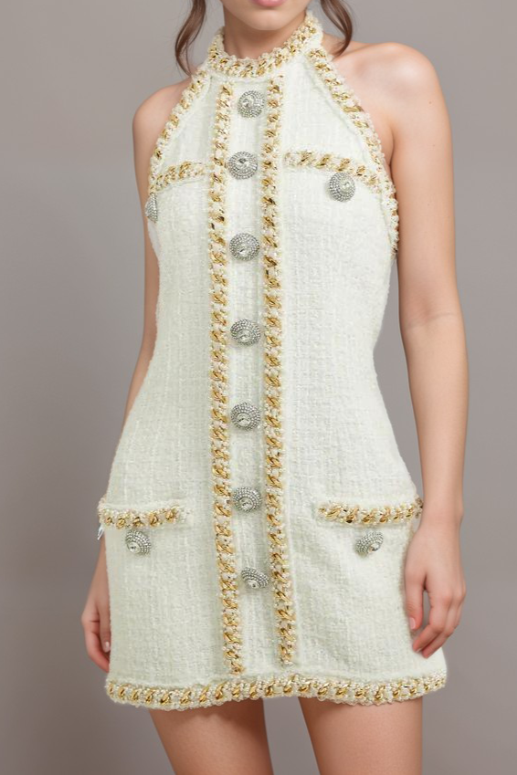 Cesca Crystal Button Tweed Mini Dress - Elegant & Stylish Women's Fashion for Parties, Dates & Special Occasions